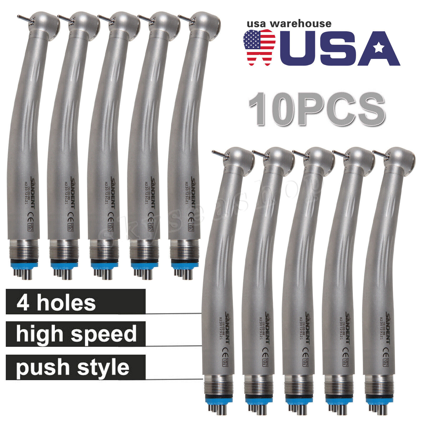 10 Dental High Speed Handpiece Ceramic Bearing Push 4 Holes Single Way Spray