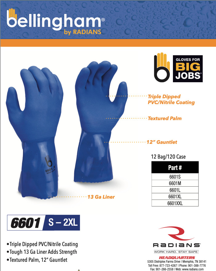 Bellingham Triple-Dipped 12″ PVC/Nitrile Gauntlet Glove/Oil and chemical resist
