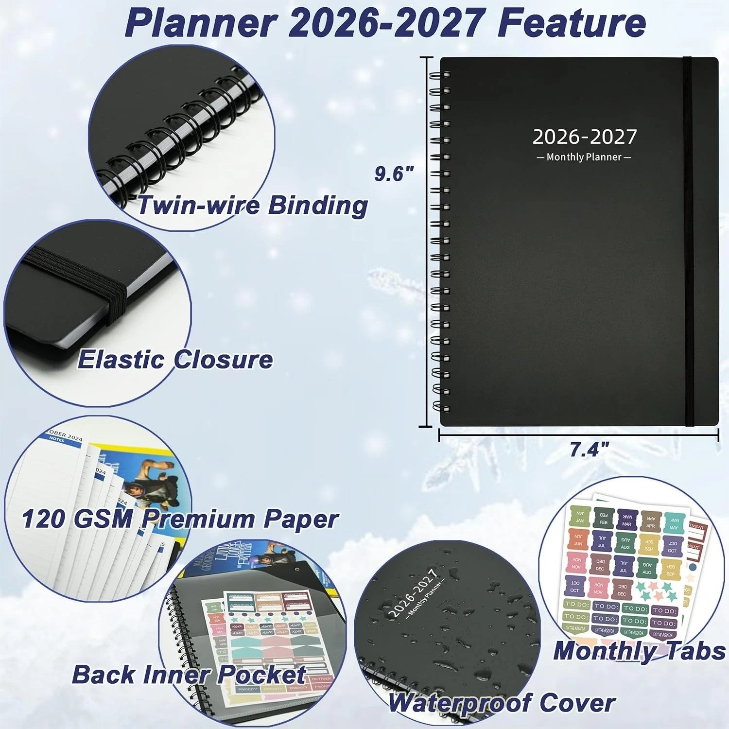 2026 2027 Monthly Planner 7.4 Inch x 9.6 Inch Black Spiral Bound Organizer