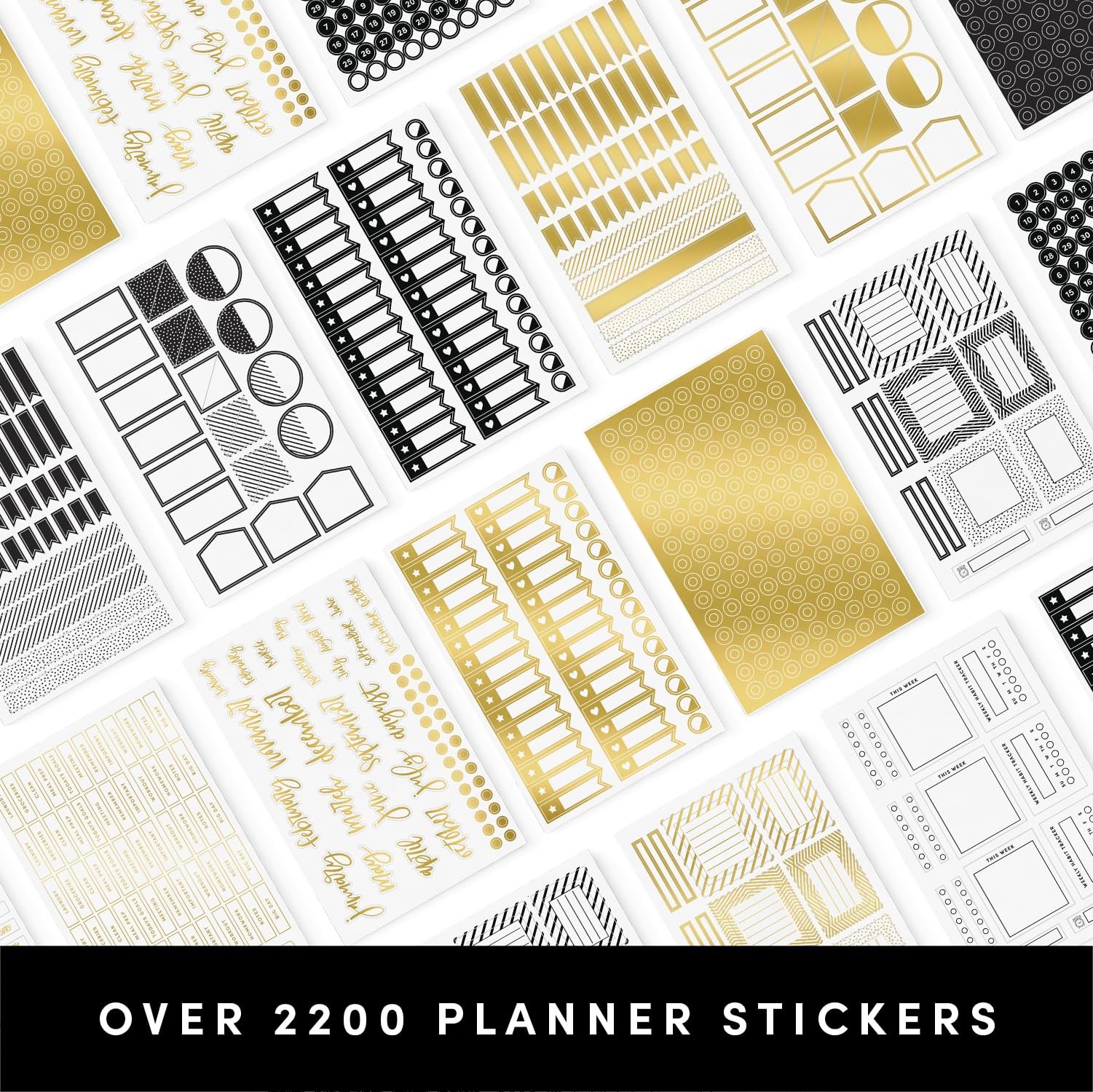 PAPERAGE Planner Stickers, Simple Gold Foil 25 Sheets, Black, White,