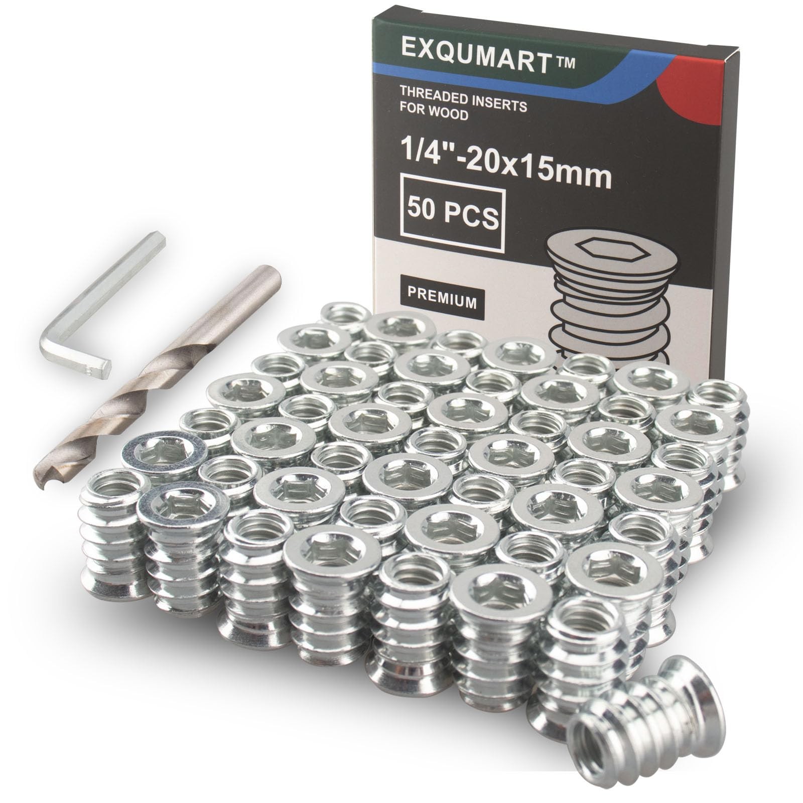 EXQUMART 50 Pcs Premium Threaded Inserts for Wood, 1/4-20