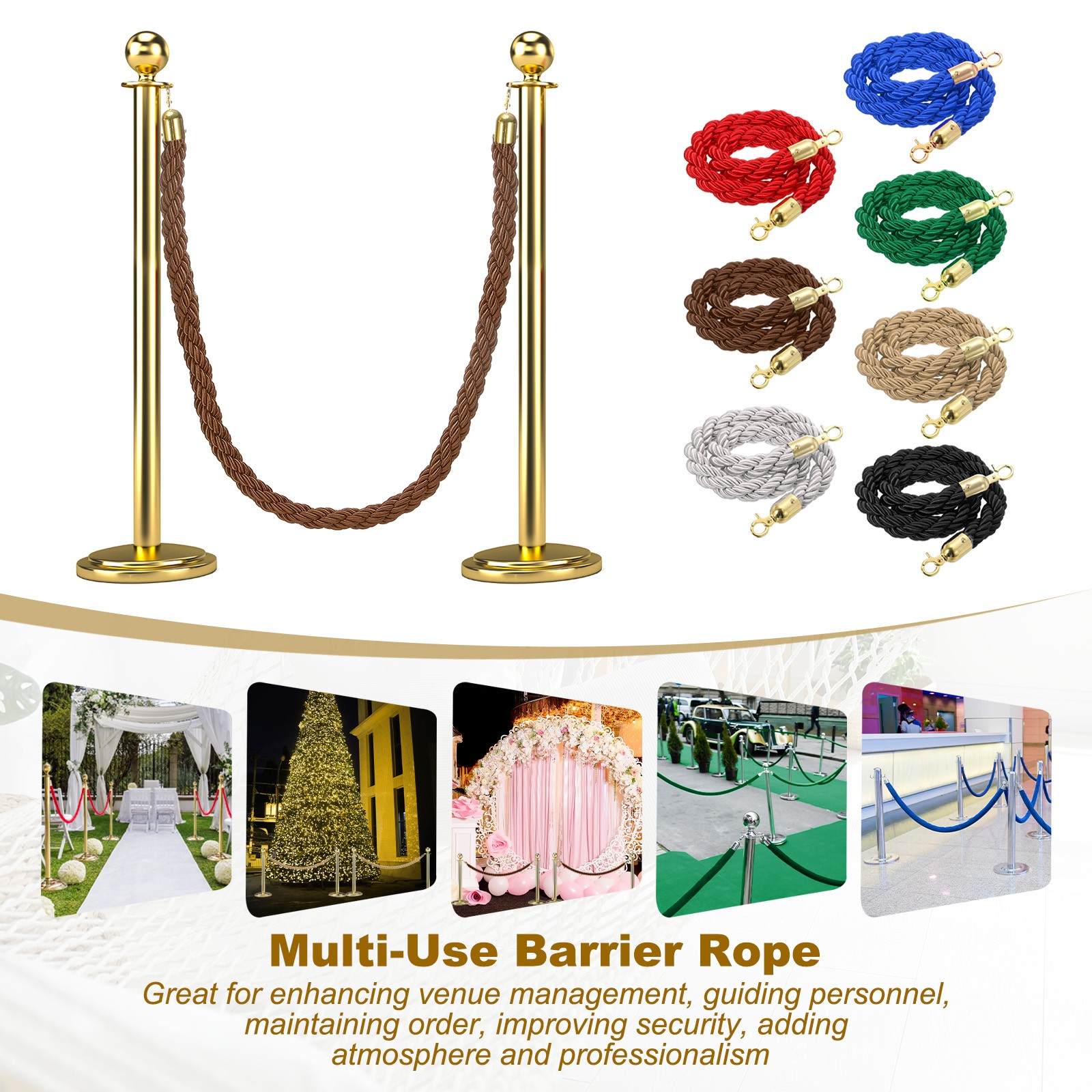 6.6 Ft/2 m Twisted Stanchion Rope Barrier Rope with Hooks Coffee Golden