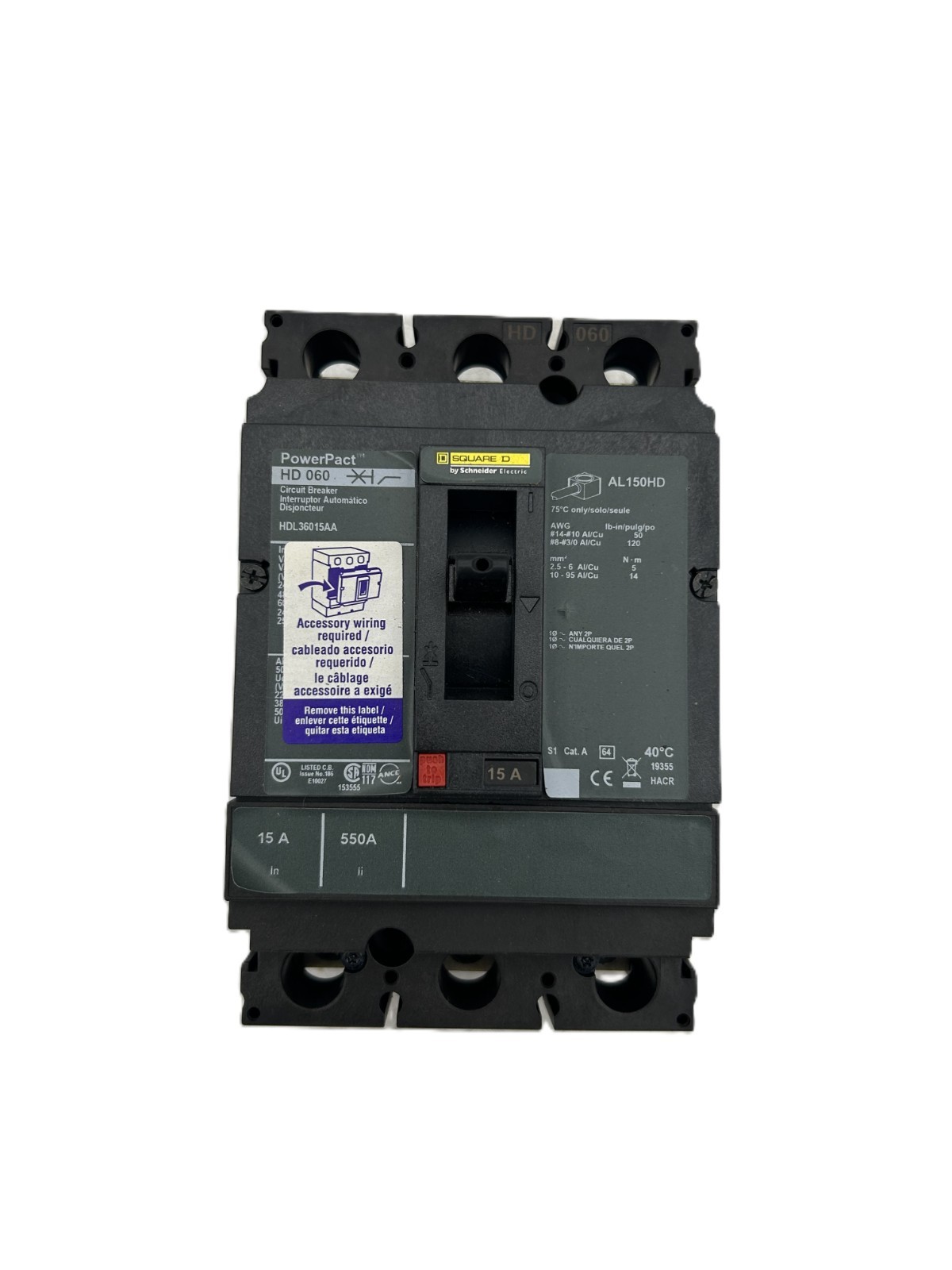 Square D HDL36015AA PowerPact Circuit Breaker 15A 3-Pole 600VAC