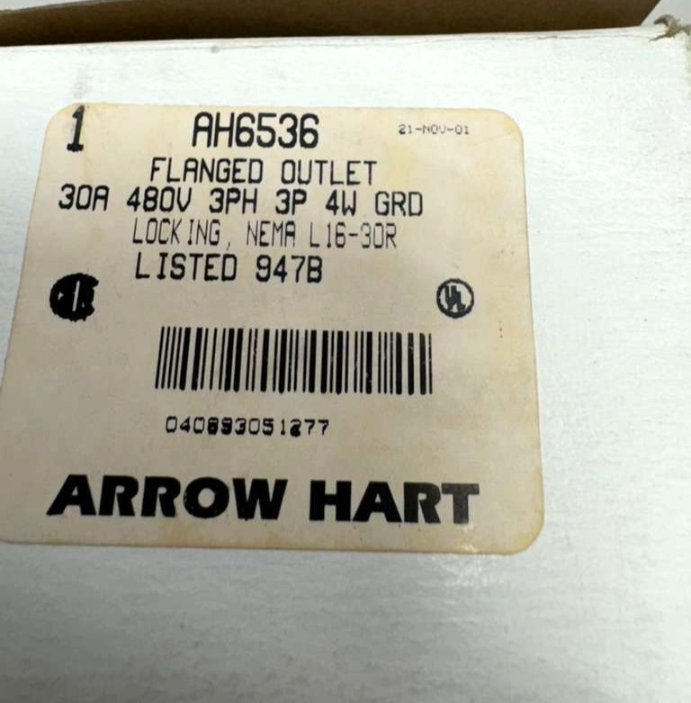 Arrow Hart AH6536 Flanged Outlet, 30A, 480V, 3PH, 3-Pole, 4-Wire, NEMA L16-30R