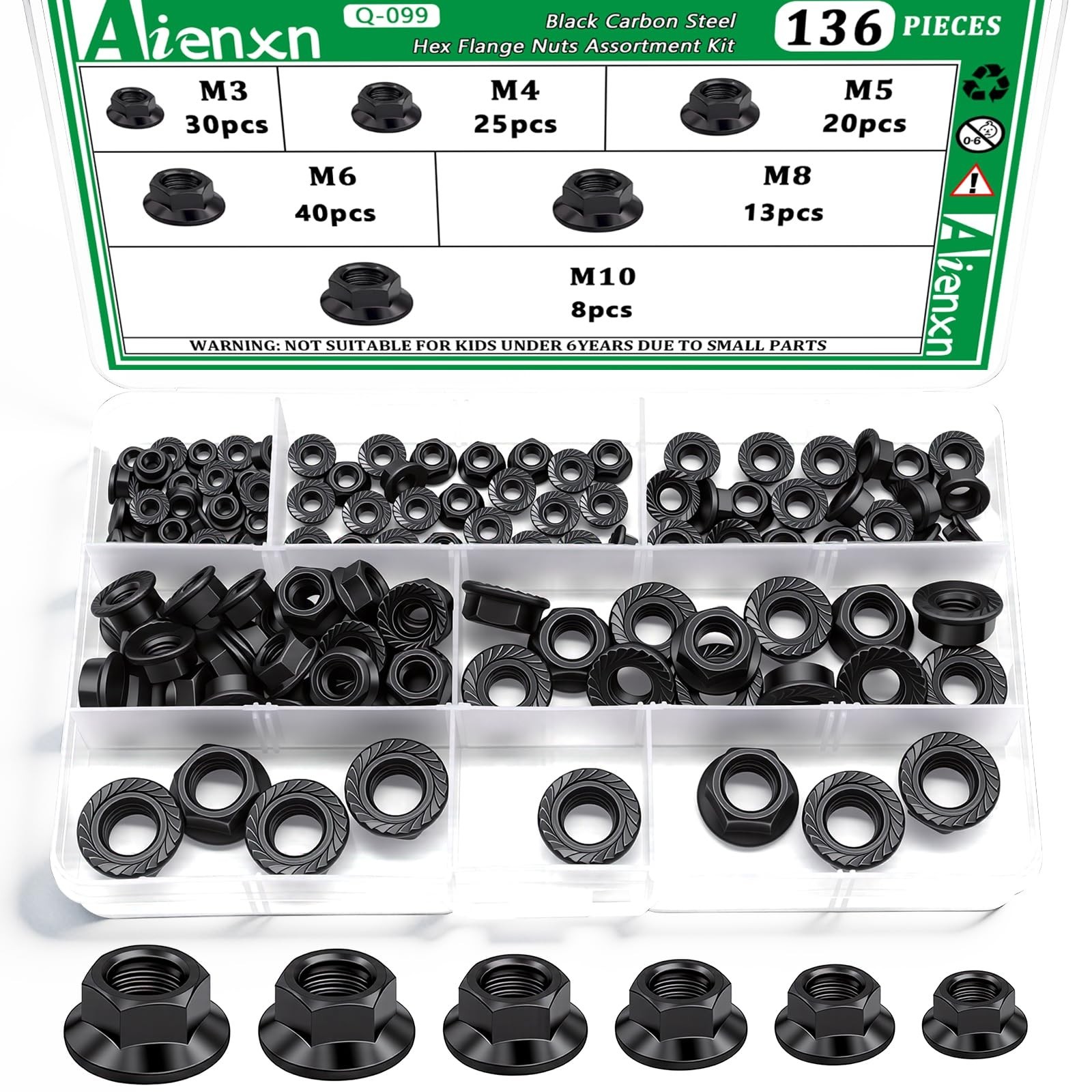 136PCS 6 Metric Sizes Black Carbon Steel Hex Flange Nuts Assortment Kit -M3, …