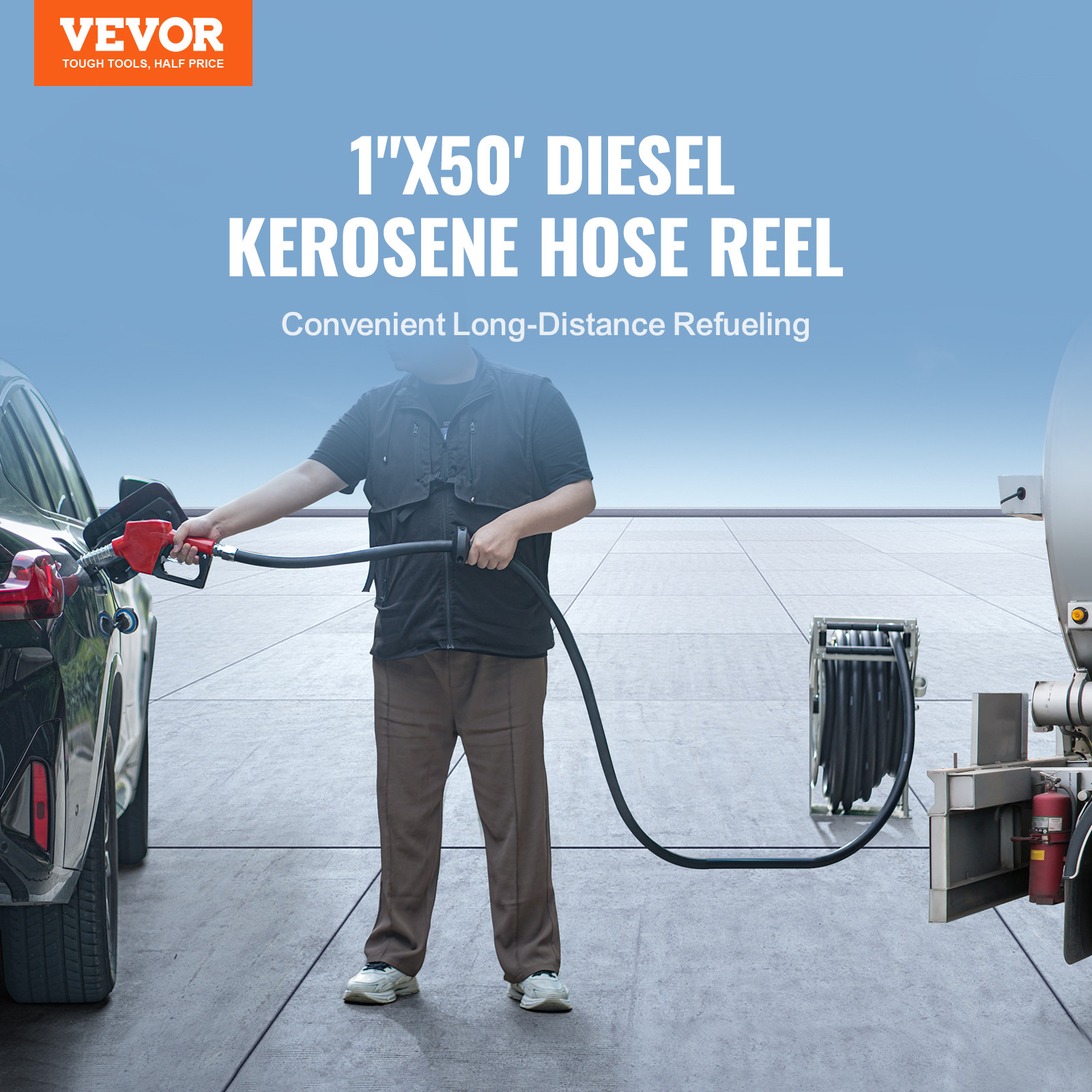 VEVOR Fuel Hose Reel Retractable Diesel Hose Reel 1″ x 50′ Auto Refueling Nozzle