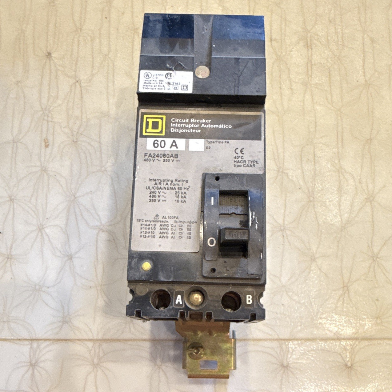 Square D FA24060AB Circuit Breaker 60A 2-Pole 201-250V AC Type FA Thermal