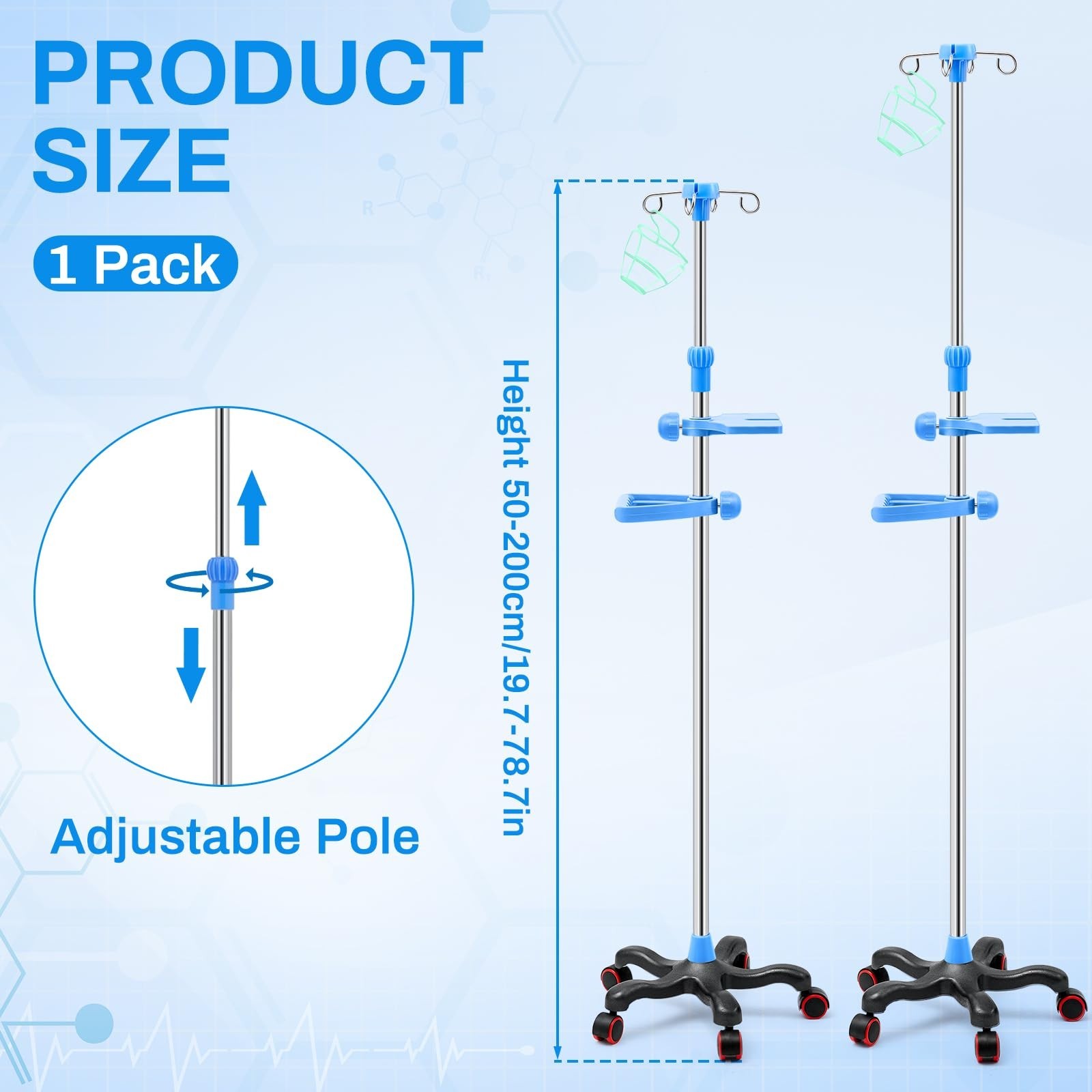 Adjustable IV Pole with Wheels, Stainless Steel 43.3″ to 78.7″, 4 Hooks, Tray &