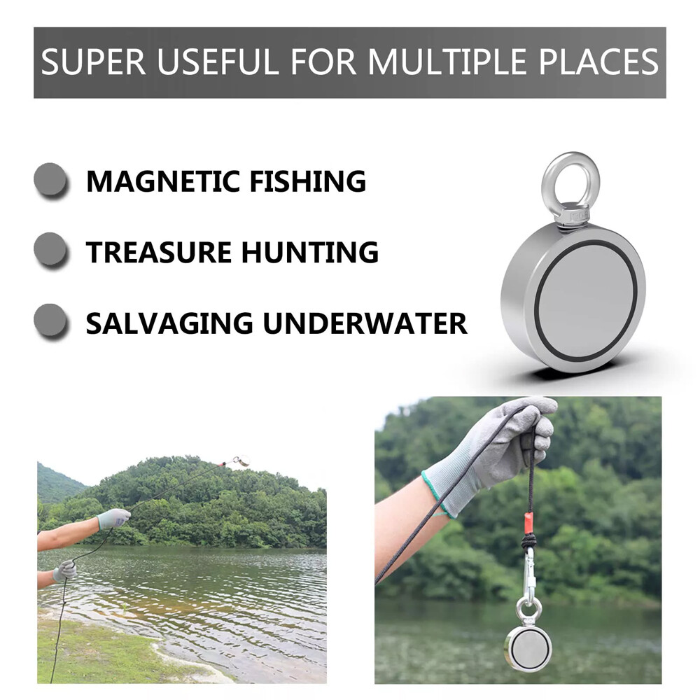 2000 LBS Strong Fishing Magnet Kit Double-Sided Pull Force and Rope Carabiner US