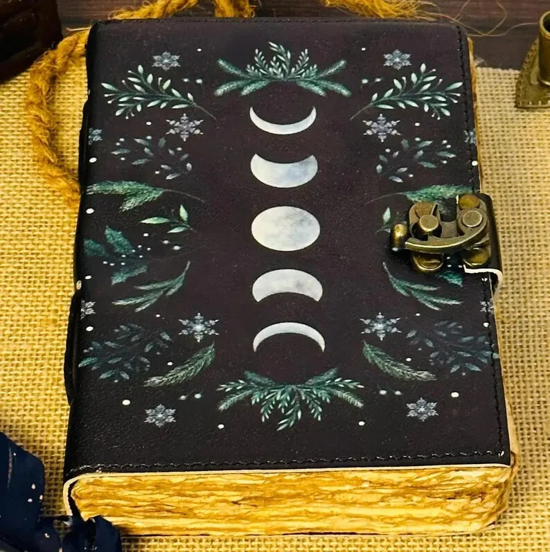 Grimoire Vintage leather journal, Moon Phase Handmade Fat Journal, Blank spell.
