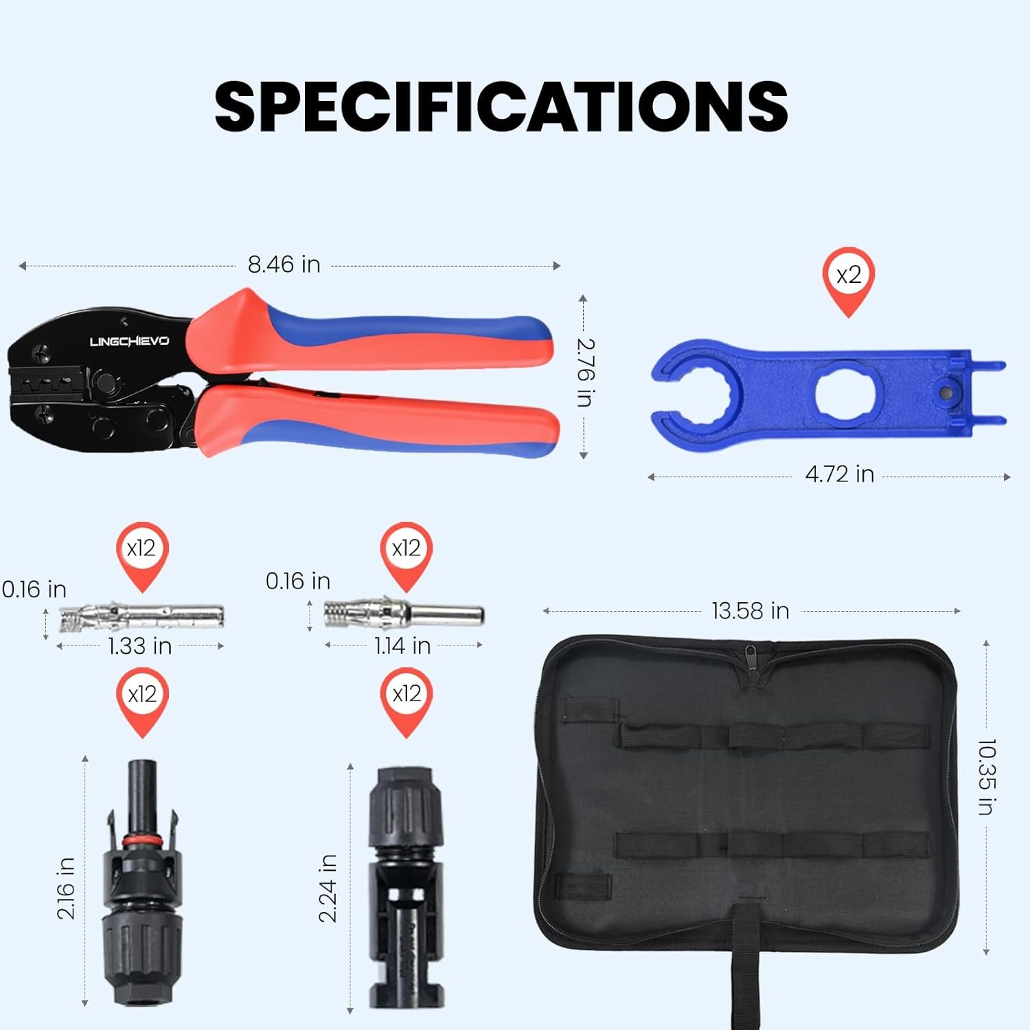 Solar Crimper Tool Kit with 12 PCS MC4 Connectors,2 Solar Connector Spanner Wren
