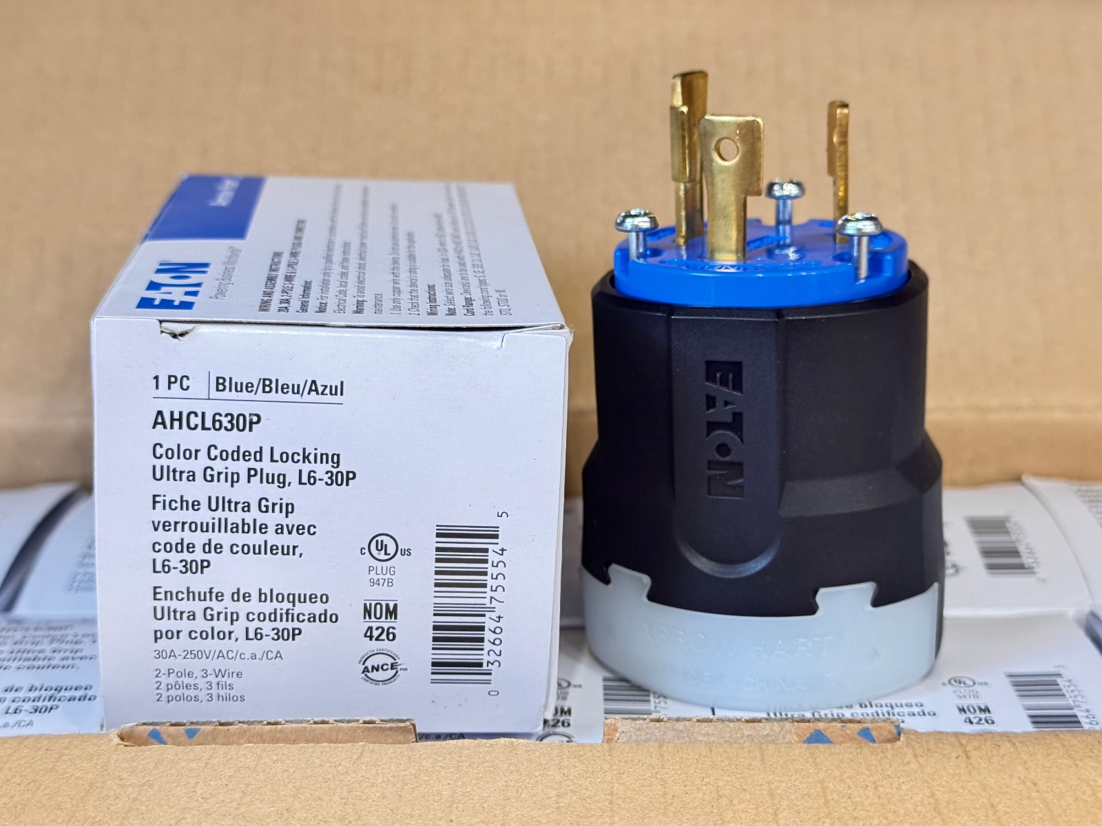 Eaton AHCL630P 30A 250V Blue Black Twist Lock Plug L6-30P Ultra Grip Industrial
