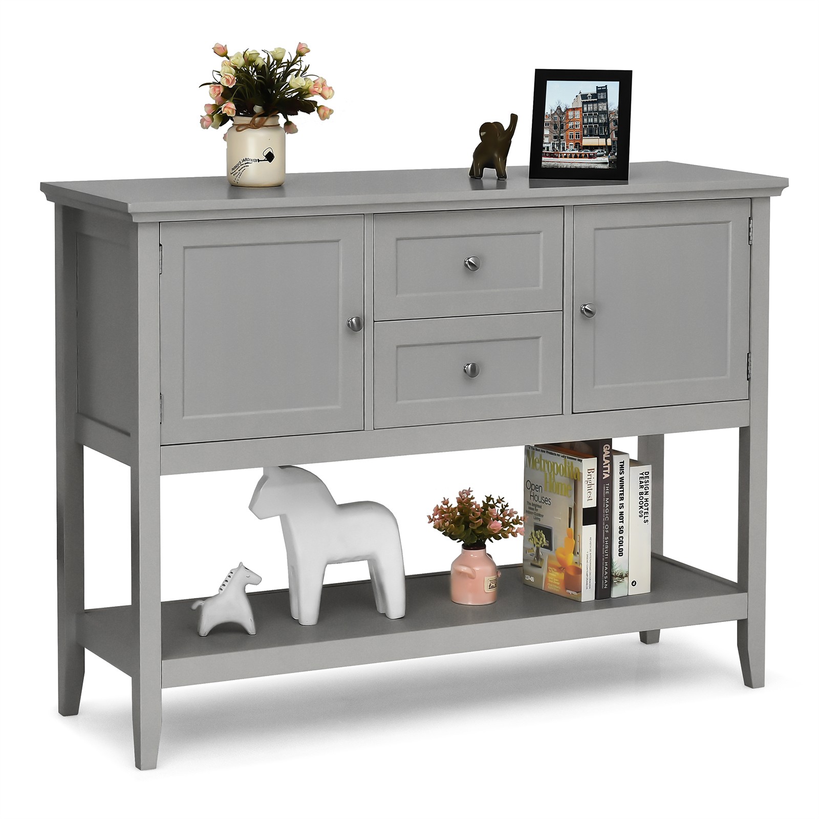 Costway Sideboard Buffet Table Wooden Console Table w/ Drawers & Cabinets Gray