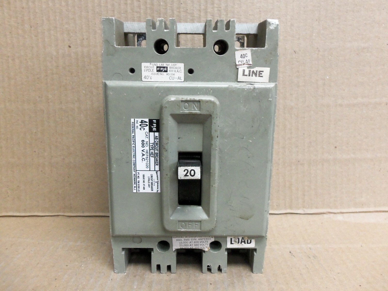 Federal Pacific HEF621020 2 Pole 20 Amp 600V Gray Frame Circuit Breaker