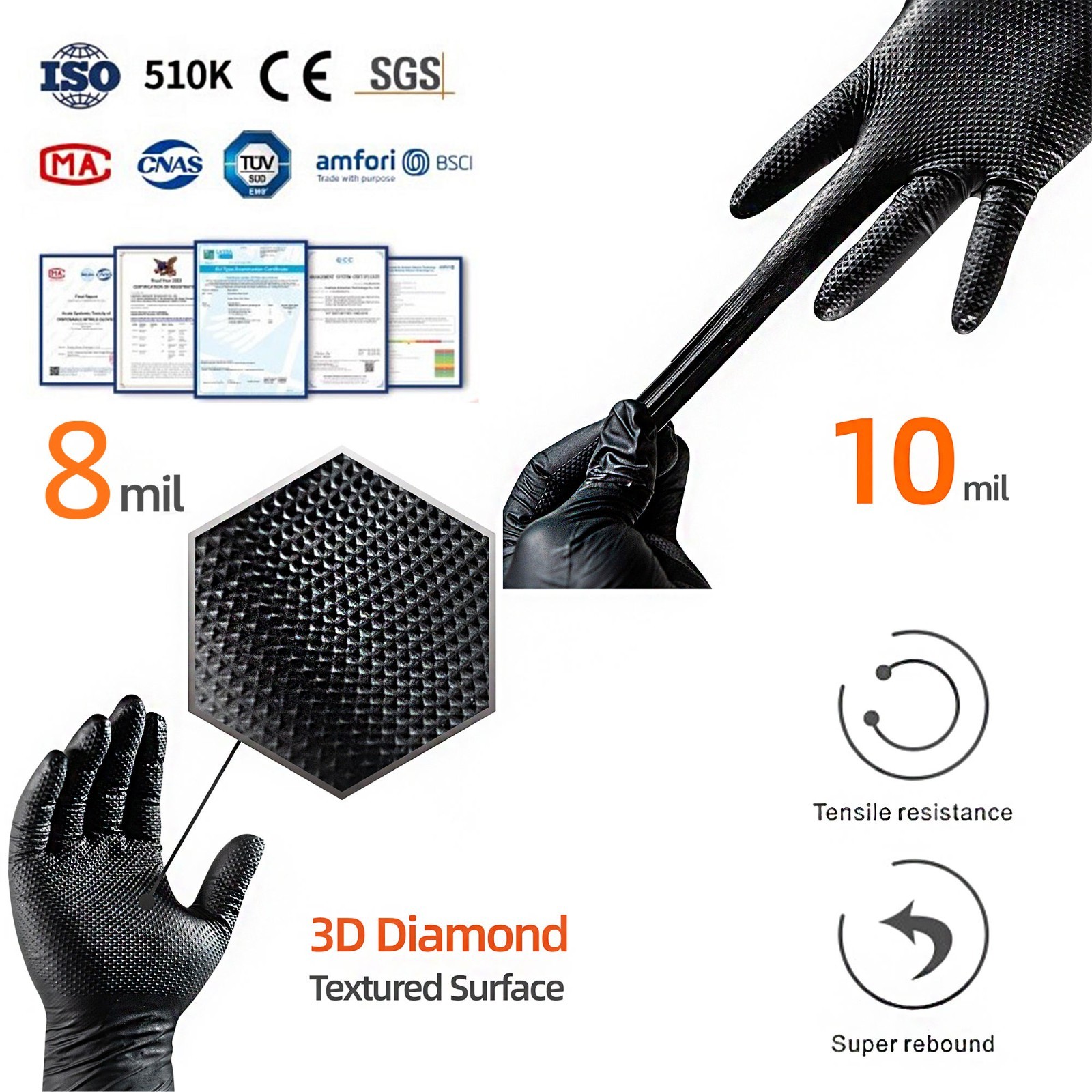 Black/Orange Nitrile Rubber Gloves 8-10 Mil Raised Diamond Texture 100 per box