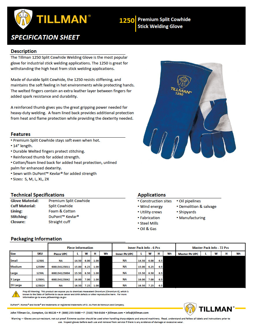 Tillman 1250 Cowhide Leather Protective Stick Welding Steel Fabrication Gloves