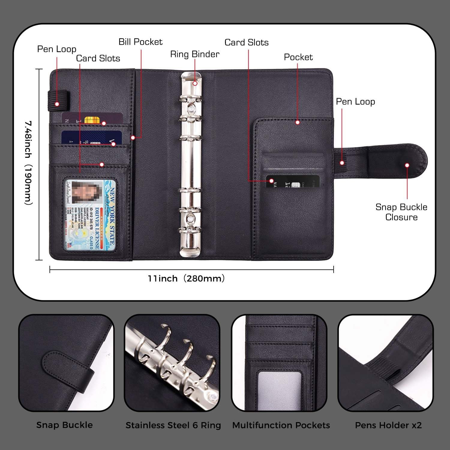 A6 Binder 6 Ring, Refillable Notebook Planner Cover, Small Leather Organizer Emp