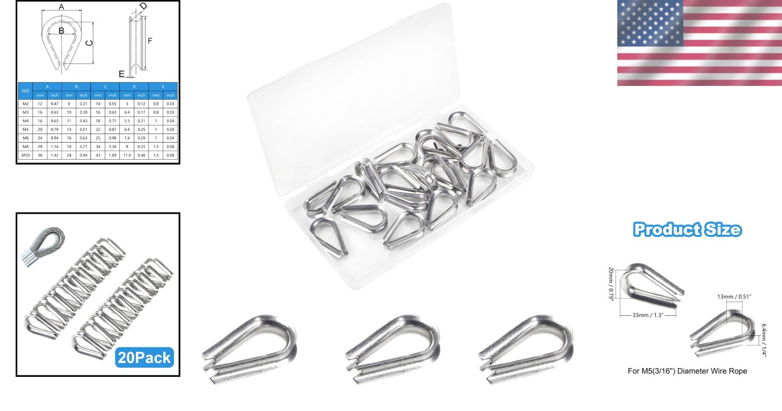 M5 (3/16 Inch) Wire Rope Thimbles – 20 Pcs for Industrial and Marine Rigging