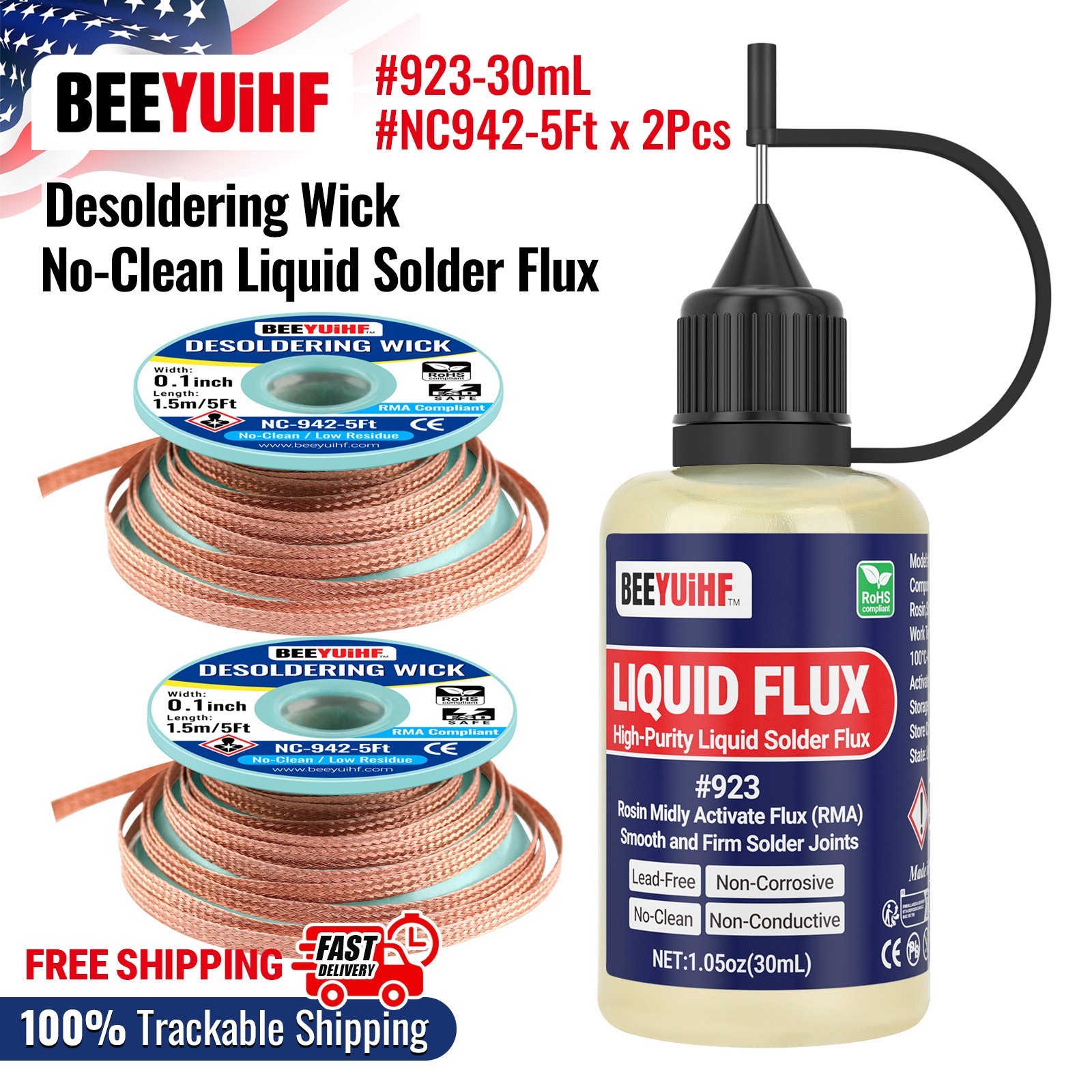 30ml1oz BEEYUIHF 923 Rosin No Clean Liquid Solder Flux, 2PCS Solder Wick Braid