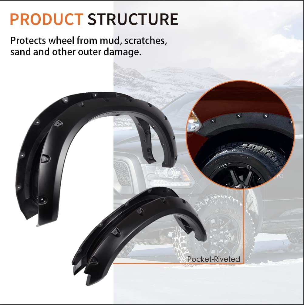 Riveted Black Fender Flares 4PCS Dodge Ram 1500 09-18 Classic 19-22 Excl R/T