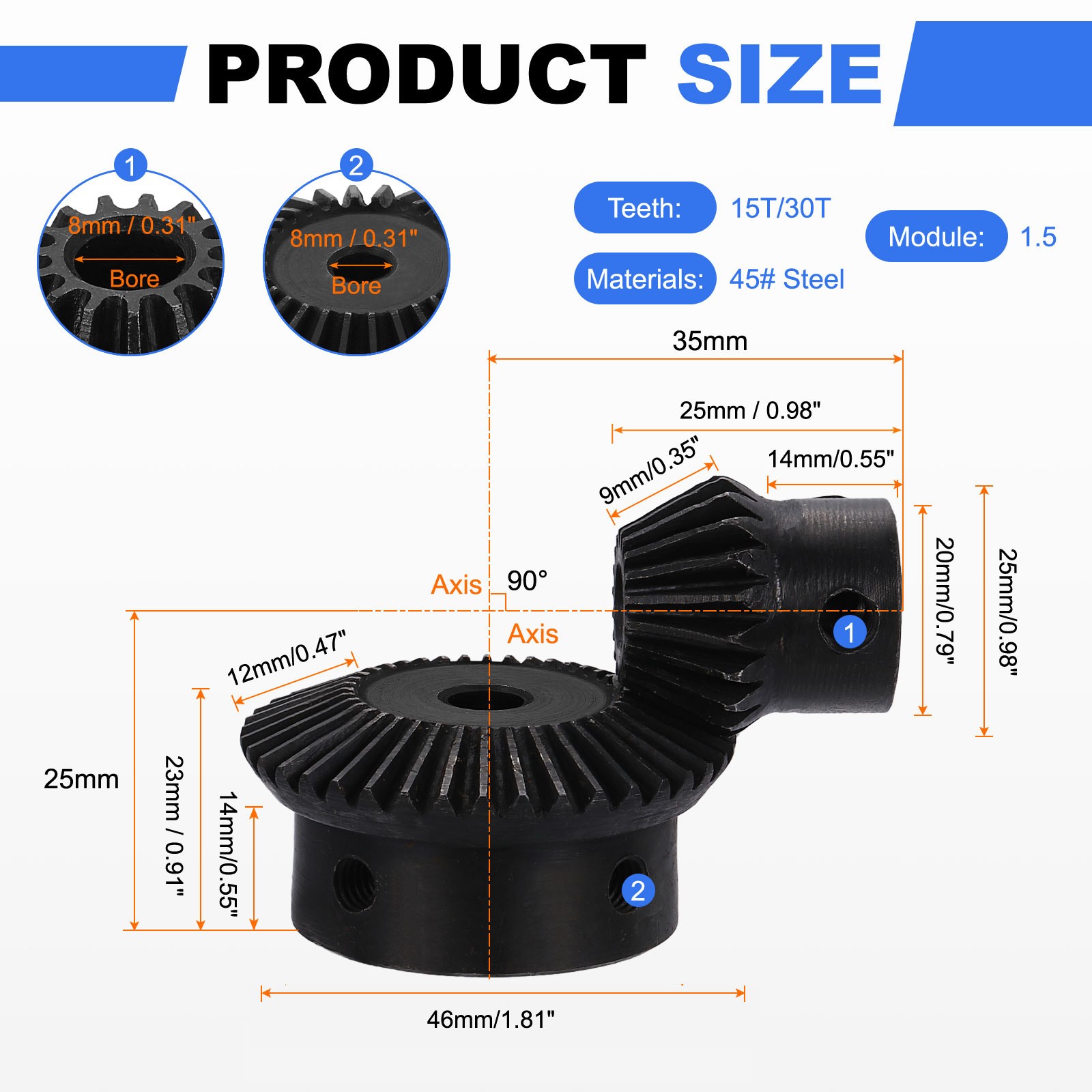 2Pcs Tapered Bevel Gear Set, 1.5 m 1:2 (15T/30T) Bevel Gear(8/8mm Shaft Hole)