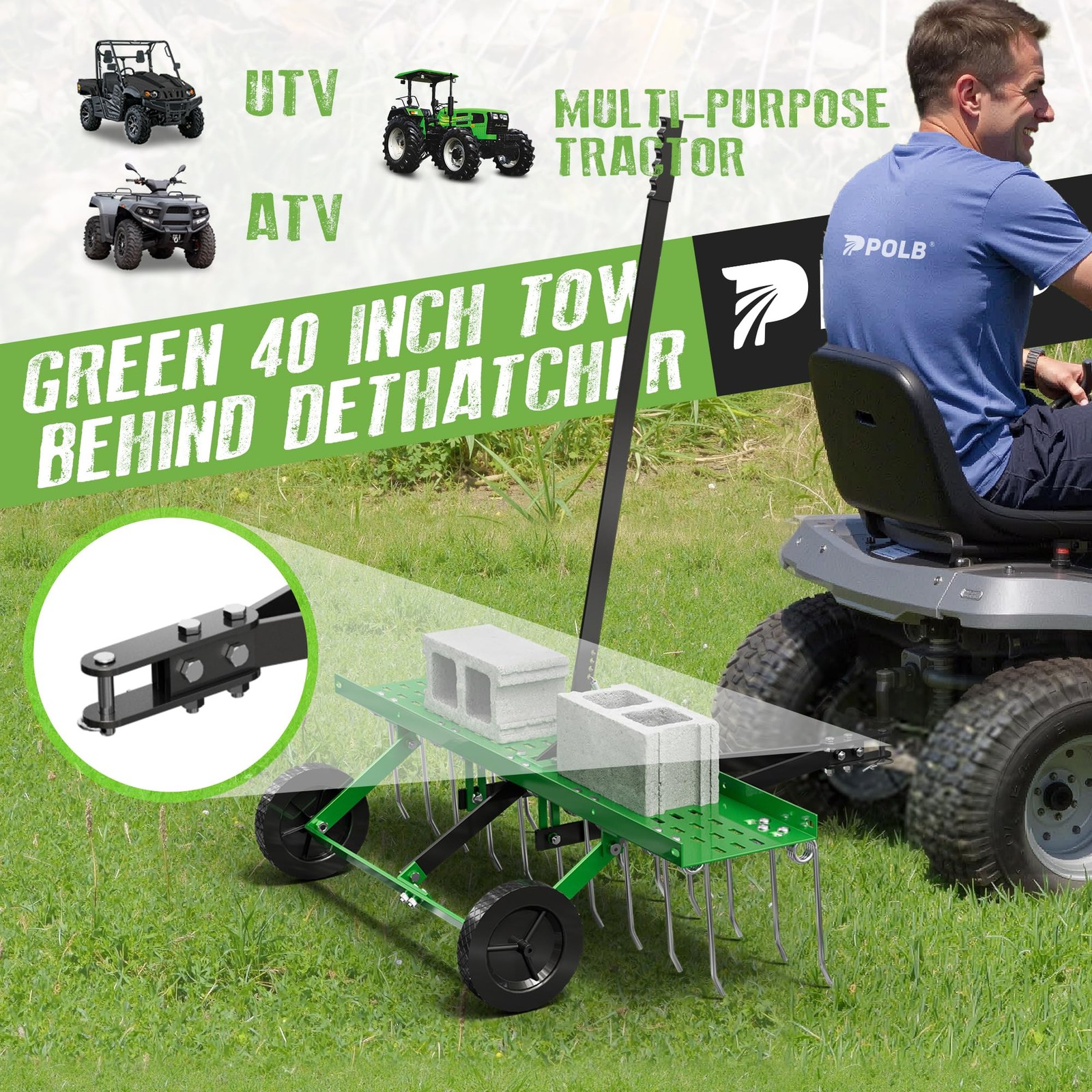 40″ Tow-Behind Dethatcher with 20 Spring Steel Tines, Pull Behind Lawn Tracto…