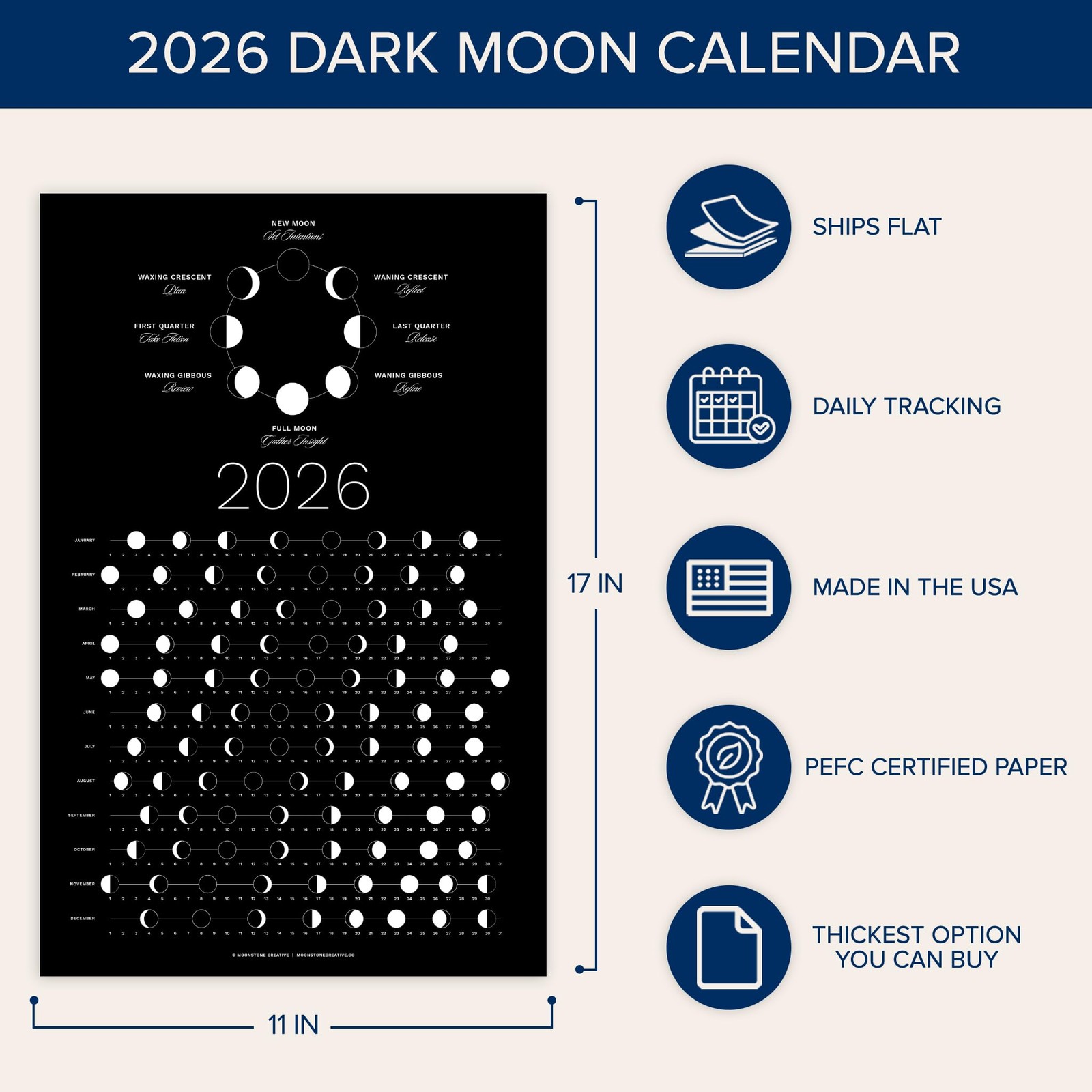 2026 Dark Moon Phase Calendar (SHIPS FLAT) Hangable Lunar Wall 2026