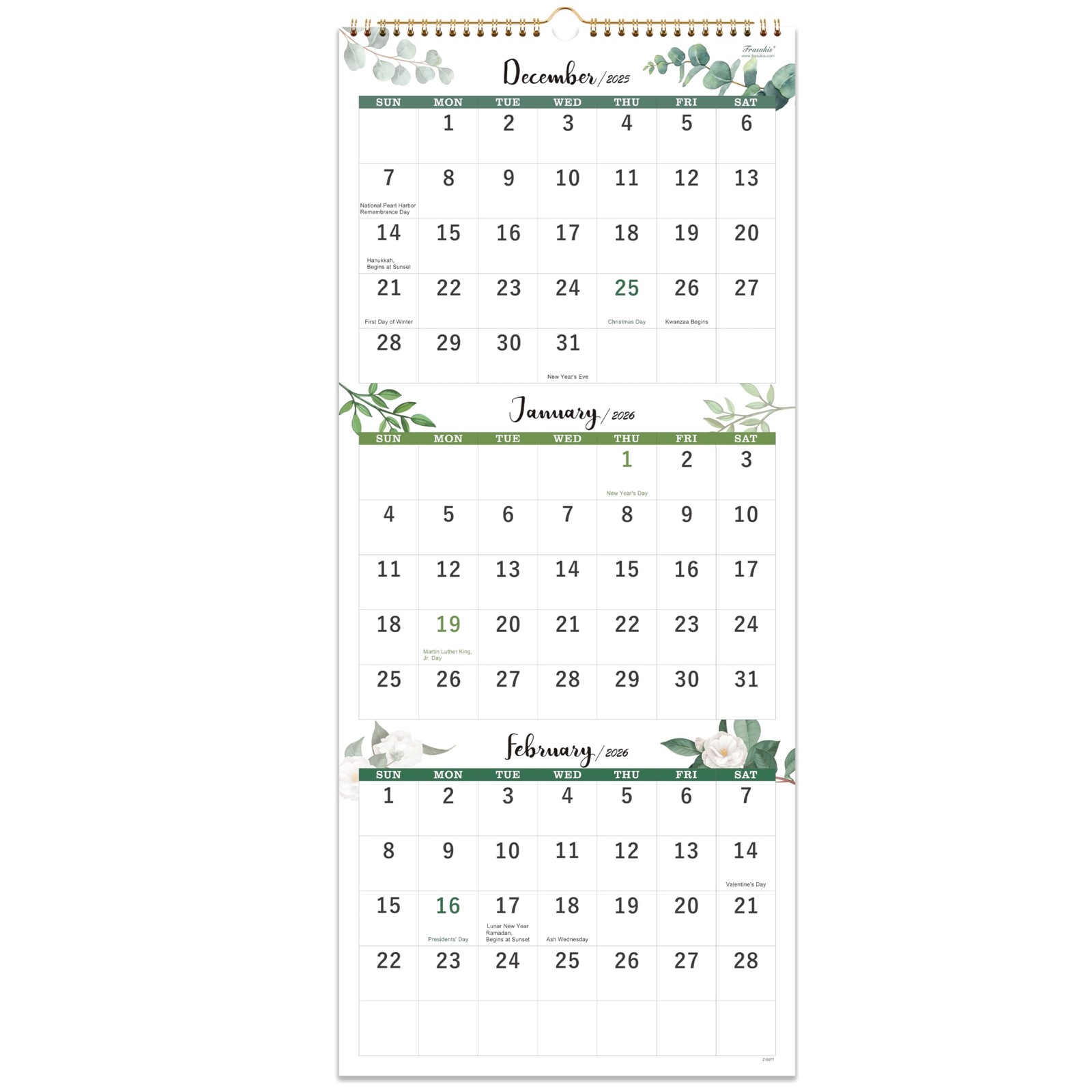 2026 Calendar – 3 Month Display Wall 2026, Jan. 2026 – Dec. green