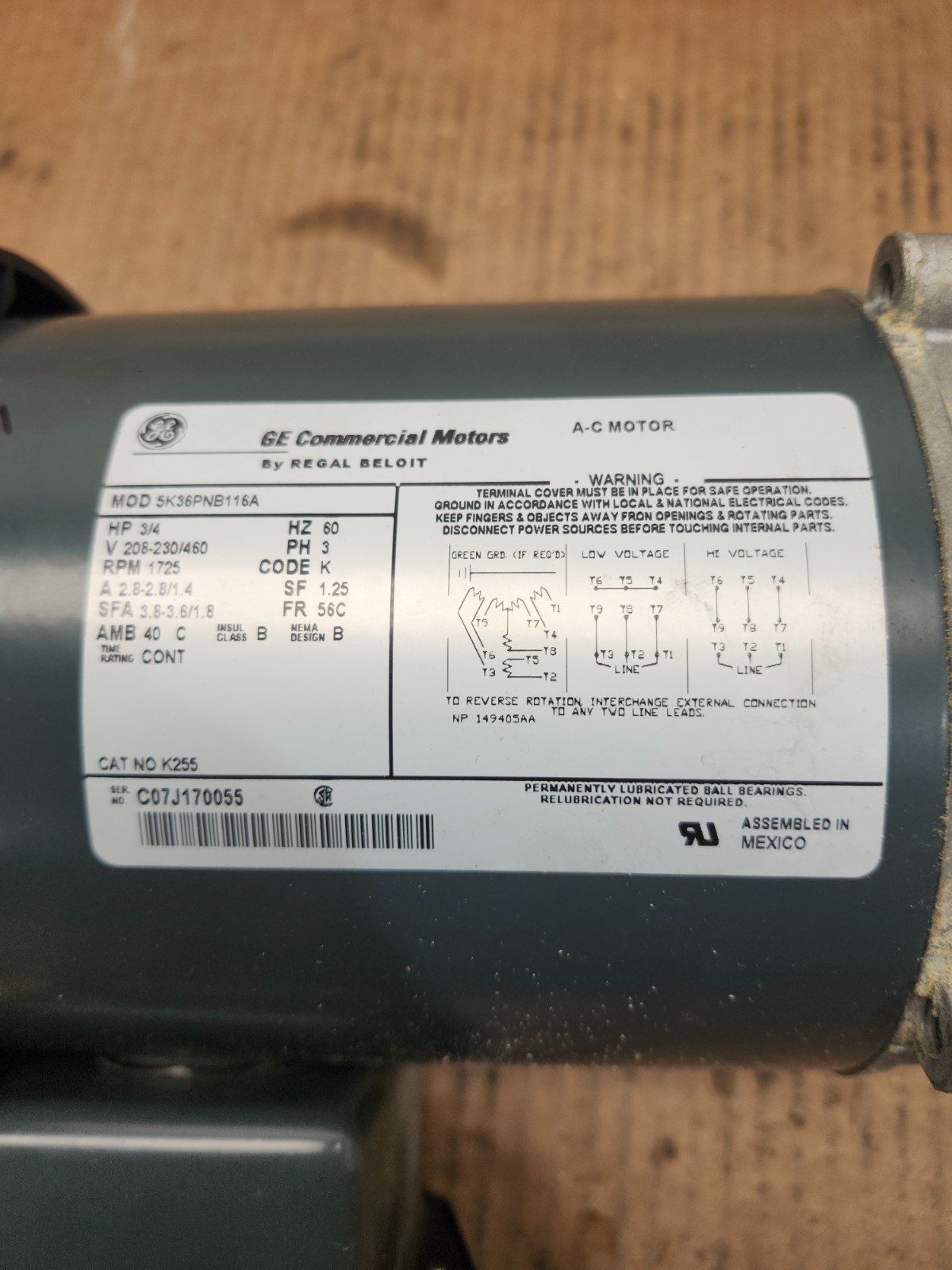 NEW NO BOX GENERAL ELECTRIC MOTOR 208-230V, 50/60HZ, HP 3/4, 5K36PNB116A