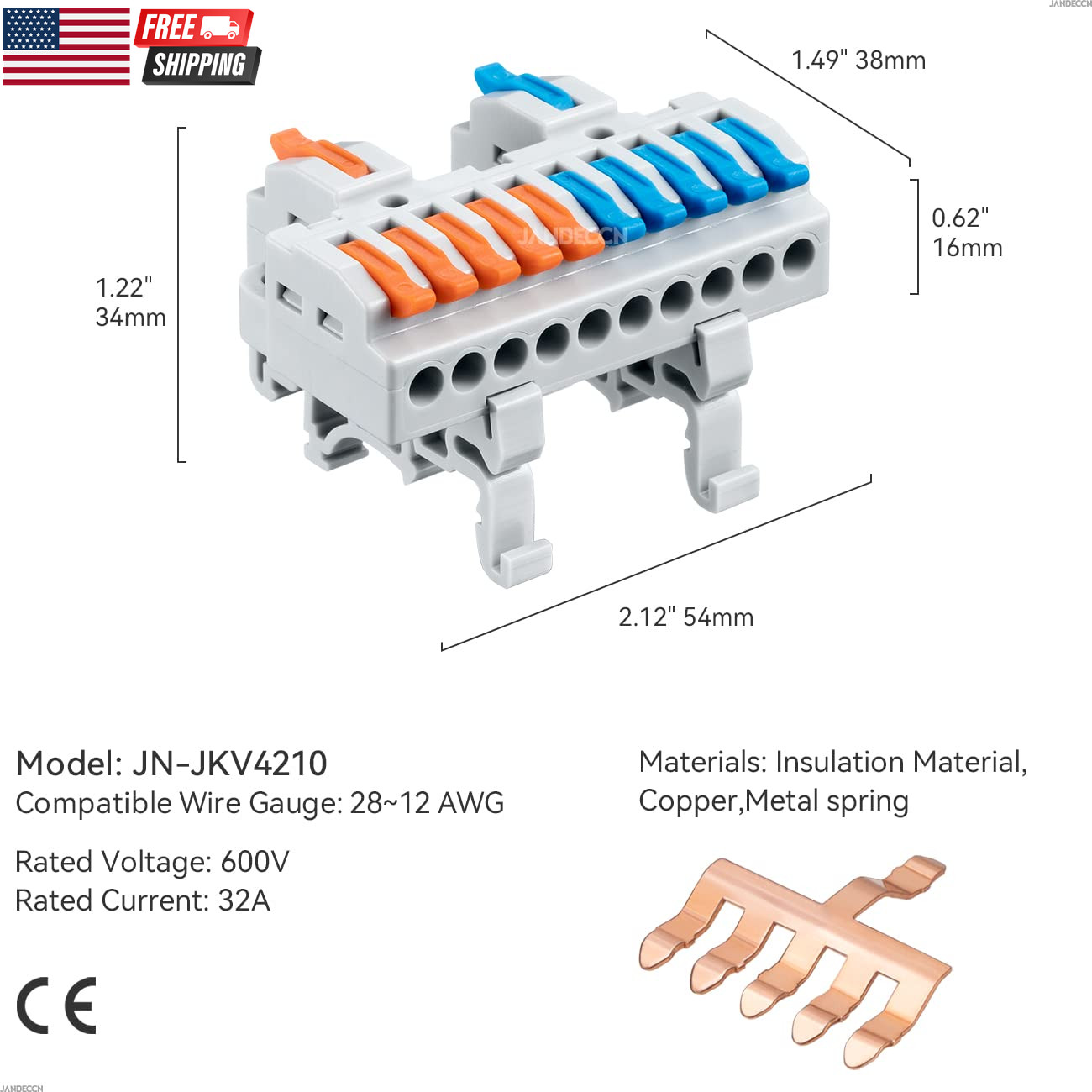 6-Pack DIN Rail Terminal Blocks Lever Wire Connectors 2-in-8-Out, 28-12 AWG Spli
