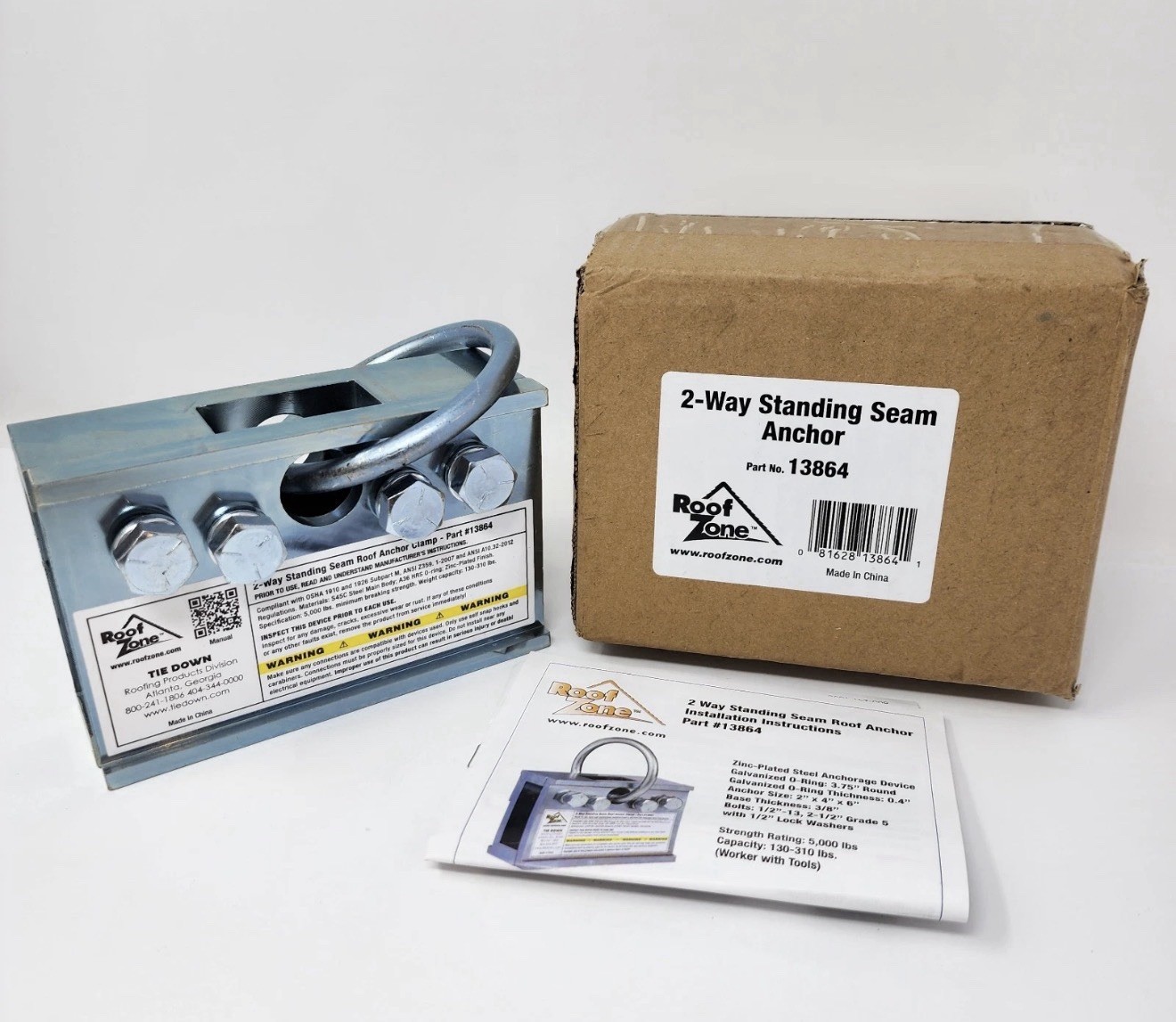 Roof Zone 2-Way Standing Seam Roof Anchor Clamp Tie Down 13864, 5000 lb Capacity
