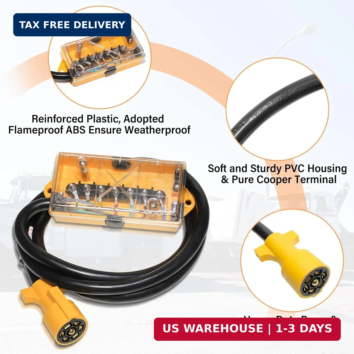 MECMO 7 Way Plug Inline Trailer Cord 8Ft, 7 Gang Junction Box, Heavy Duty 7 Term