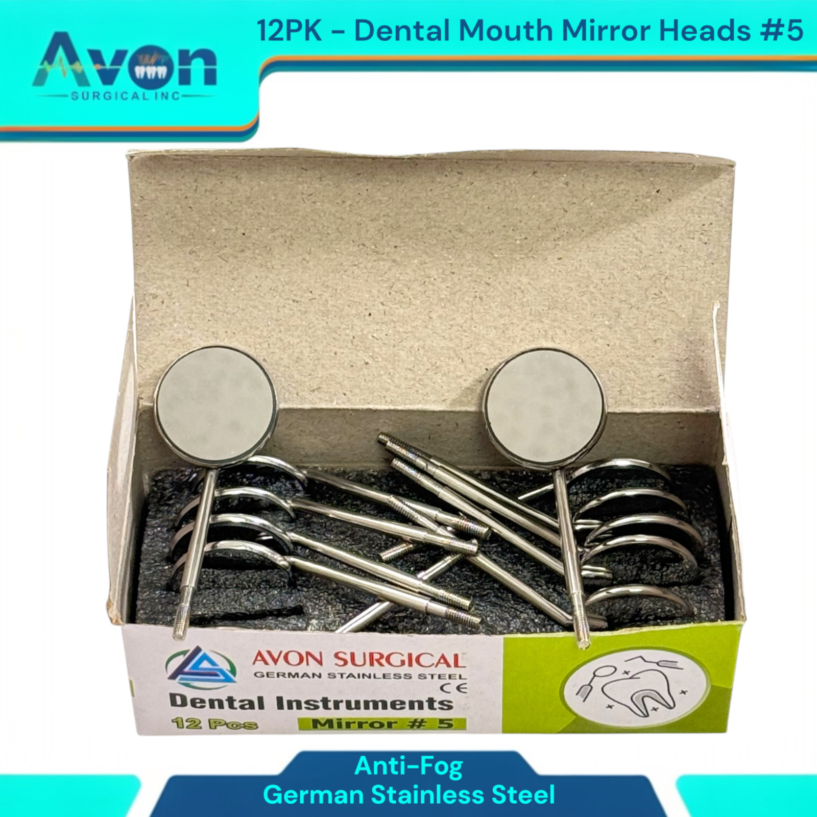 Dental Mouth Mirror Heads #5, Anti-Fog, Cone Socket | Stainless Steel (12PK)