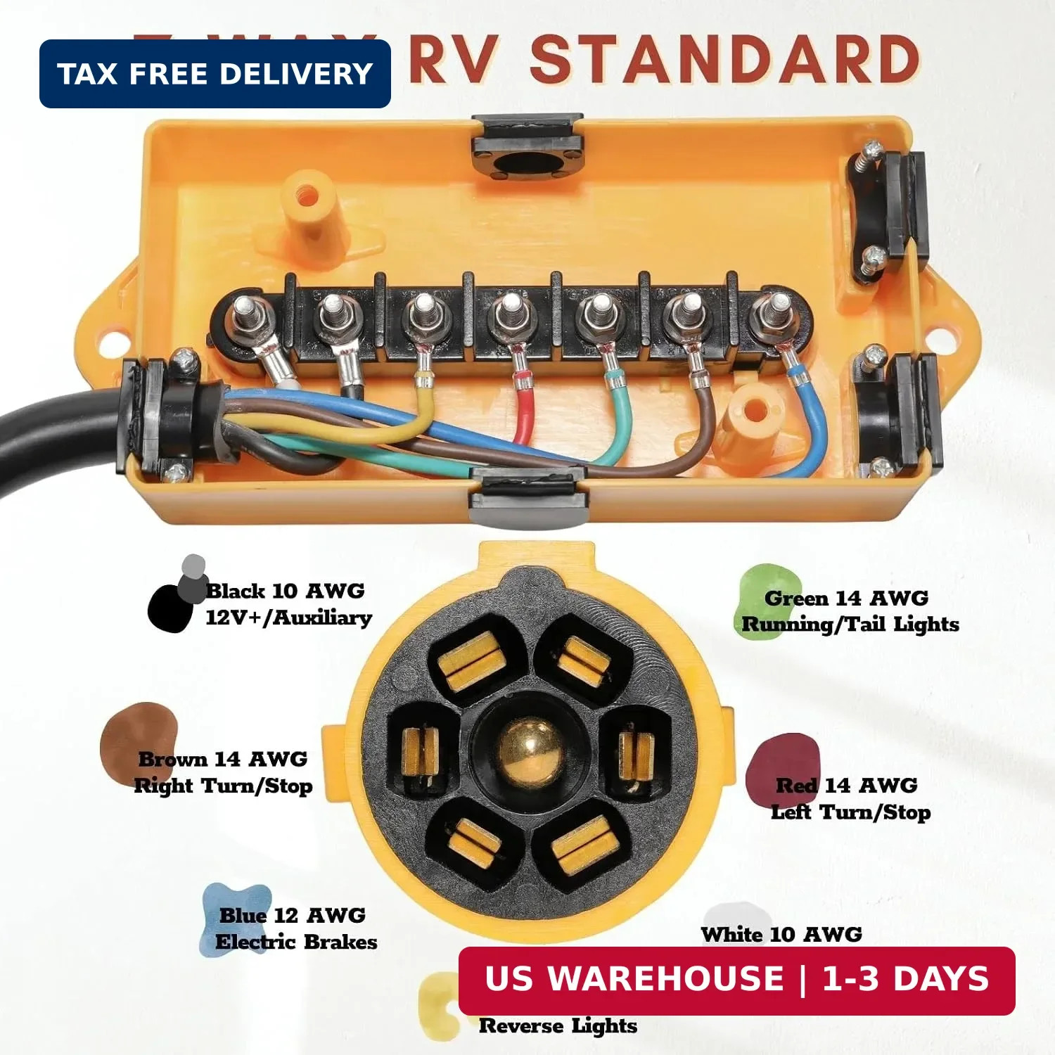 MECMO 7 Way Plug Inline Trailer Cord 8Ft, 7 Gang Junction Box, Heavy Duty 7 Term