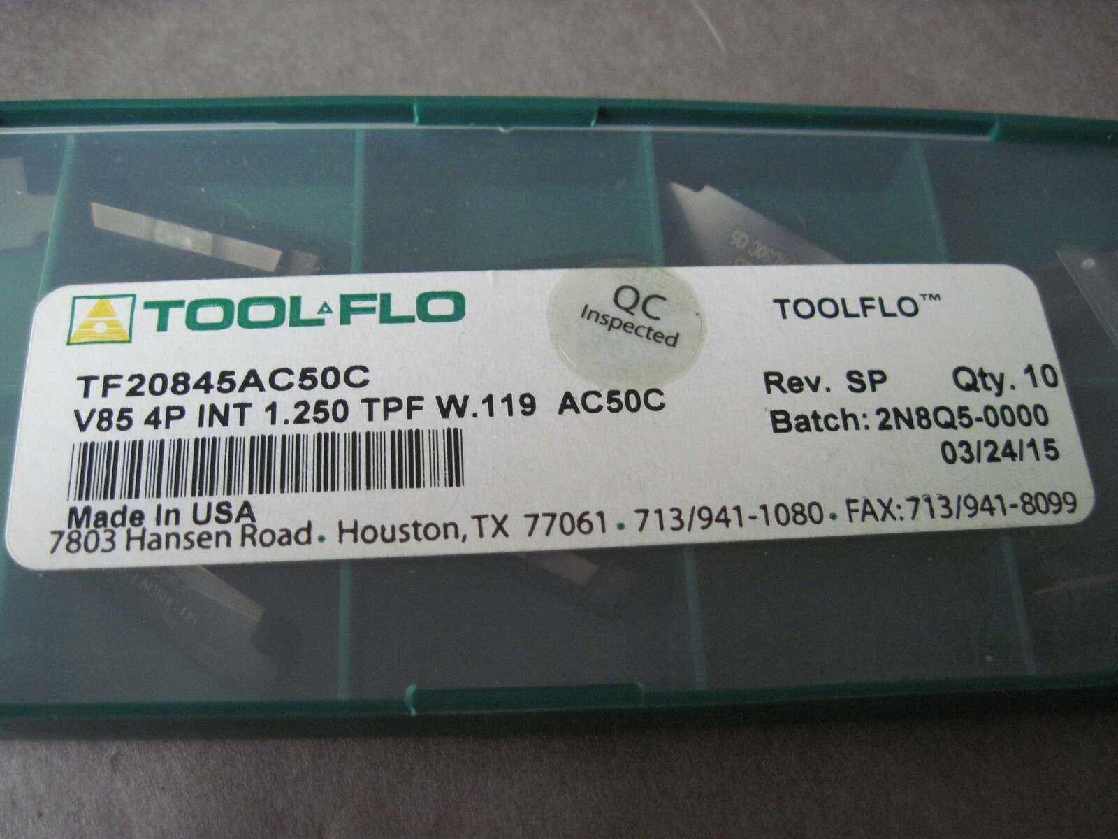 Qty 10) Tool-Flo TF20845AC50C Carbide Inserts TF20845 AC50C V85 4P INT 1.250 TPF