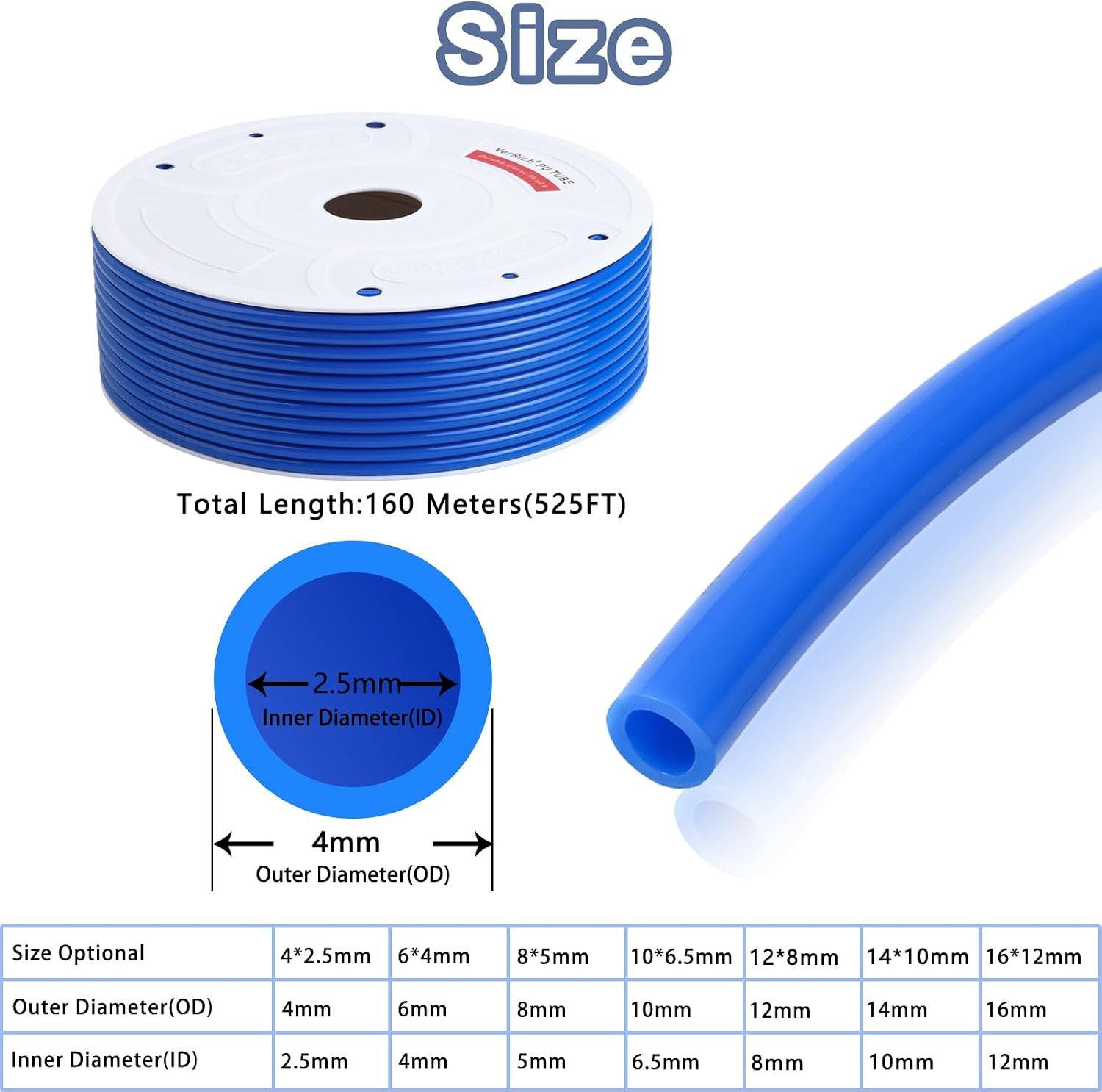 Pneumatic Tubing Pipe PU Hose Blue 4Mmod X 2.5Mmid 525FT 160M | Flexible PU Poly