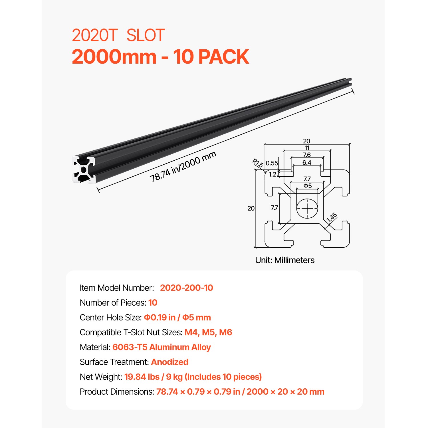 4/5/10PCS 23.6-78.7 in T-Slot Aluminum Extrusion Linear Rail, Anodized 2020-4040