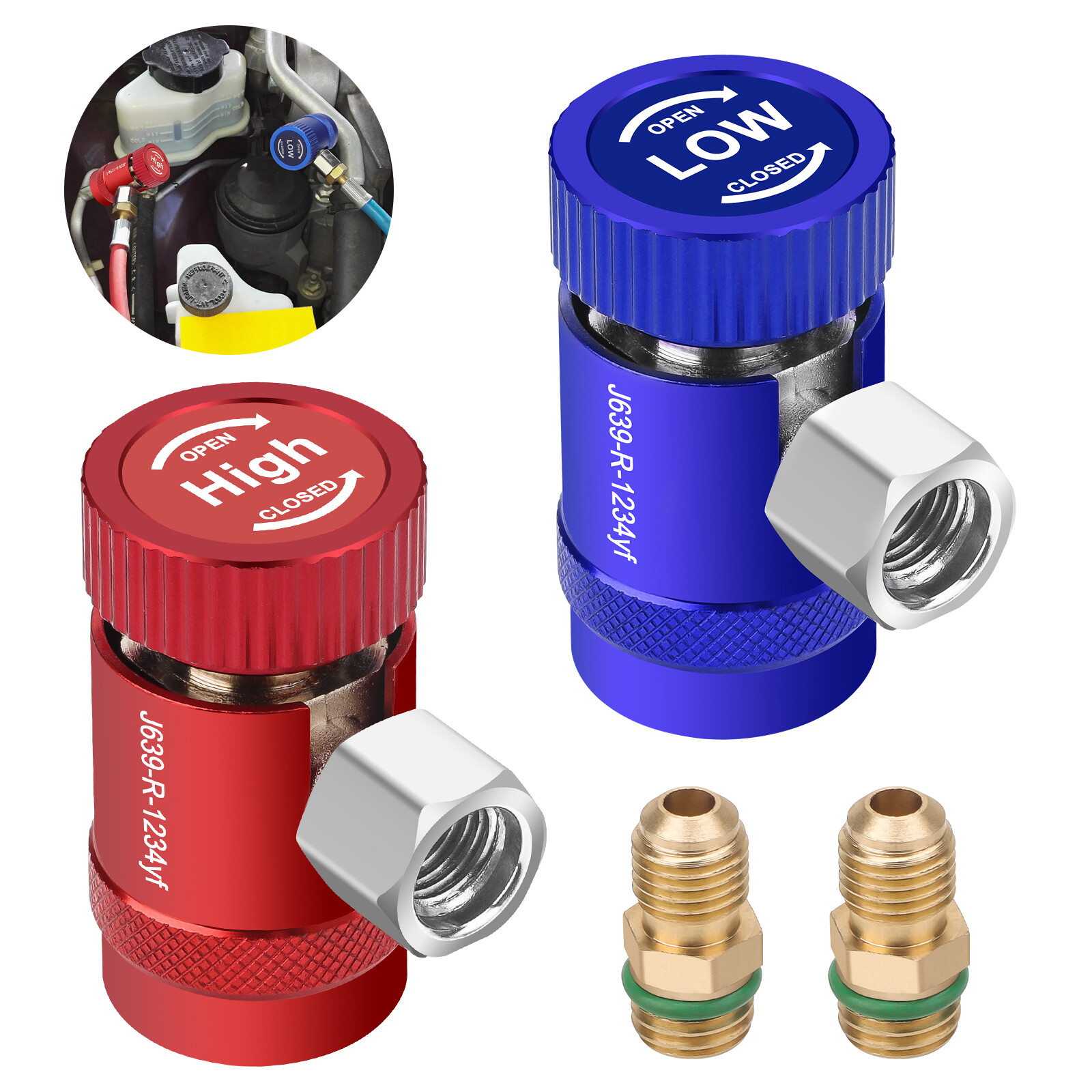R1234YF Quick Coupler Adapter & 1/4″ Flare Fitting, Adjustable HP & LP Connector