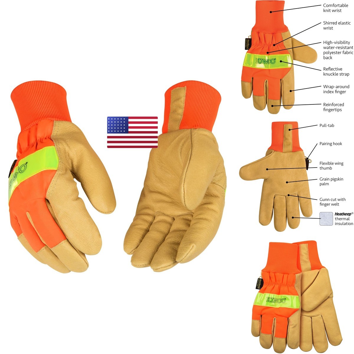 Kinco Orange Hi-Vis Lined Pigskin Leather Work Gloves (style No. 1938KW)