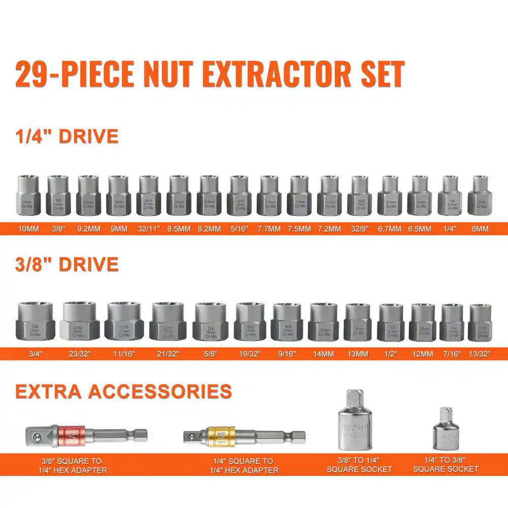 29 Pc Bolt Extractor Set, 6-10Mm, 13/32 In.-3/4 In., CR-MO Steel, for Removing D