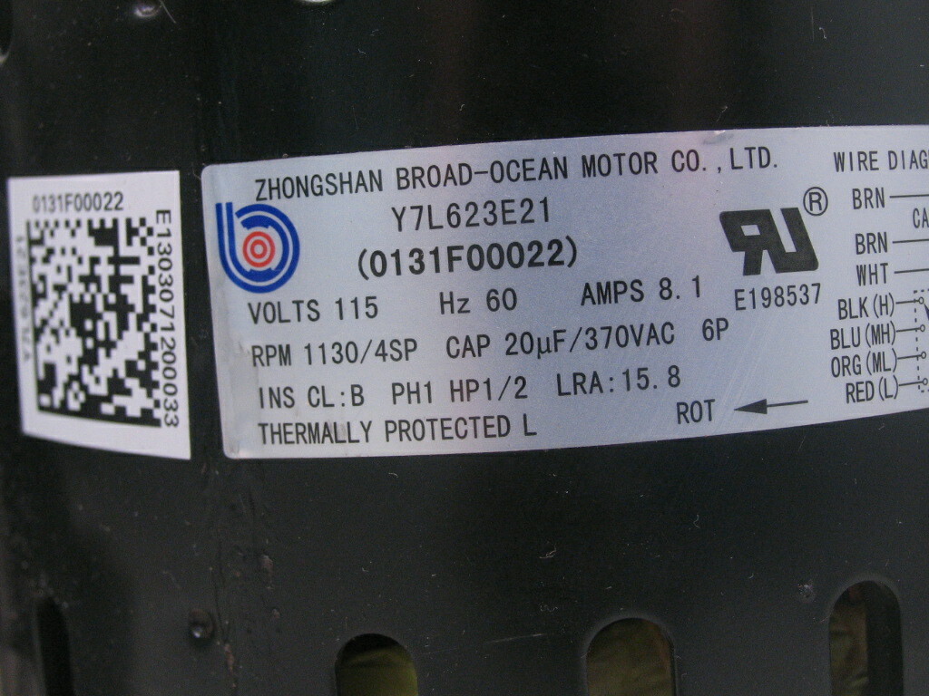 Zhongshan Broad-Ocean 0131F00022 Blower Motor Y7L623E21 1/2HP 1130RPM 4SPD 115V