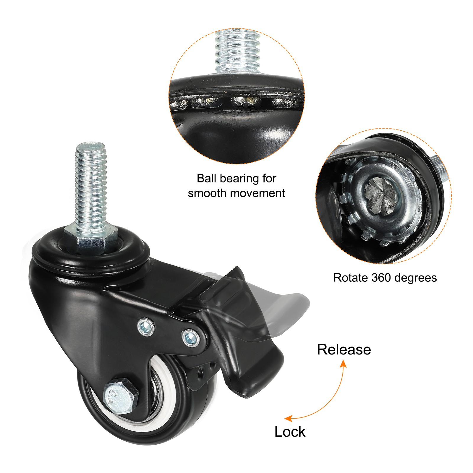 4 x 1.5″ Swivel Threaded Stem Casters 3/8″-16UNC PU Wheel Brake 88lbs Load Black
