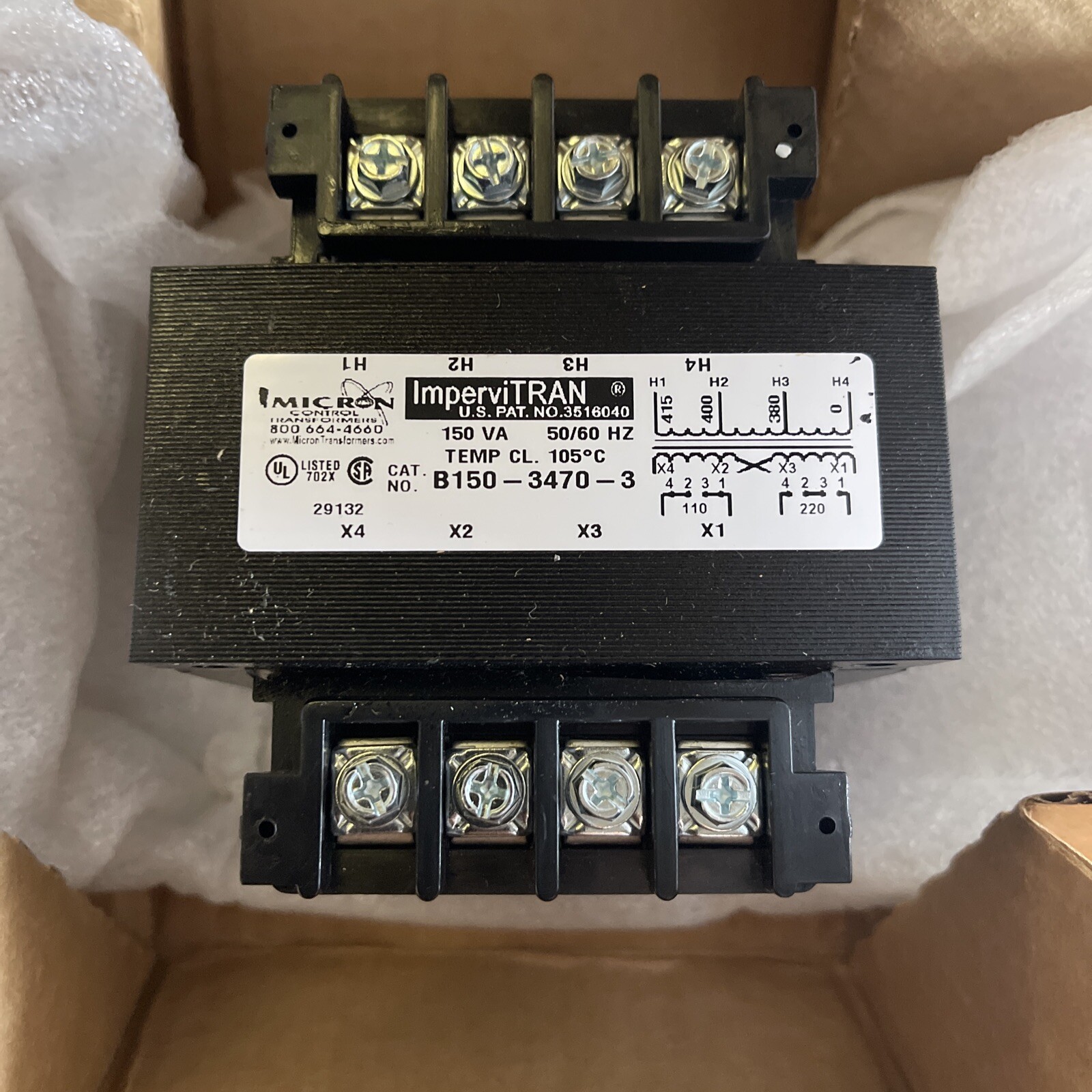 MICRON B150-3470-3 CONTROL TRANSFORMER, 150 VA, 380-415V TO 110/220V, 50/60Hz