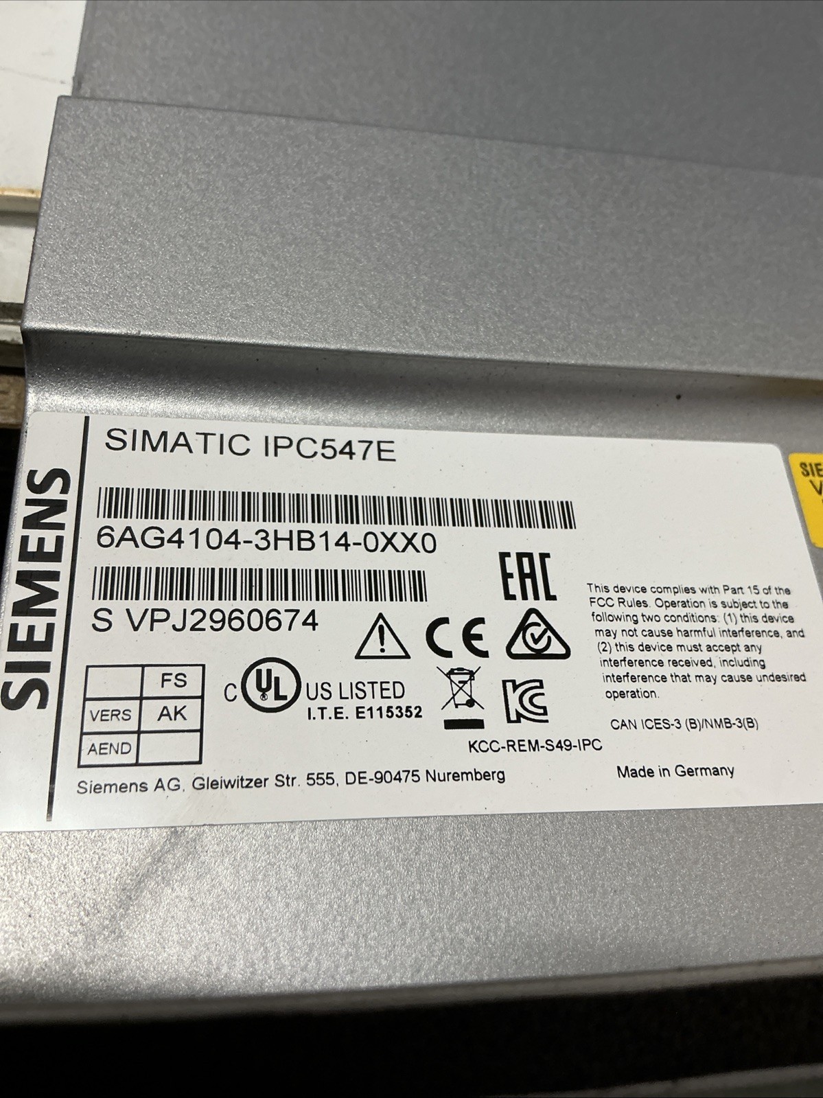 Siemens Simatic ICP547E 6AG4104-3HB14-0XX0 Rack PC. AB-331s