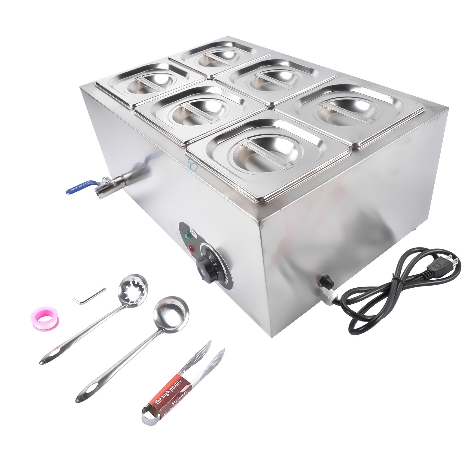 1200W 110V Electric Stainless Steel Steam Food Warmer 30-85°C/86-185°F 1-6 PAN