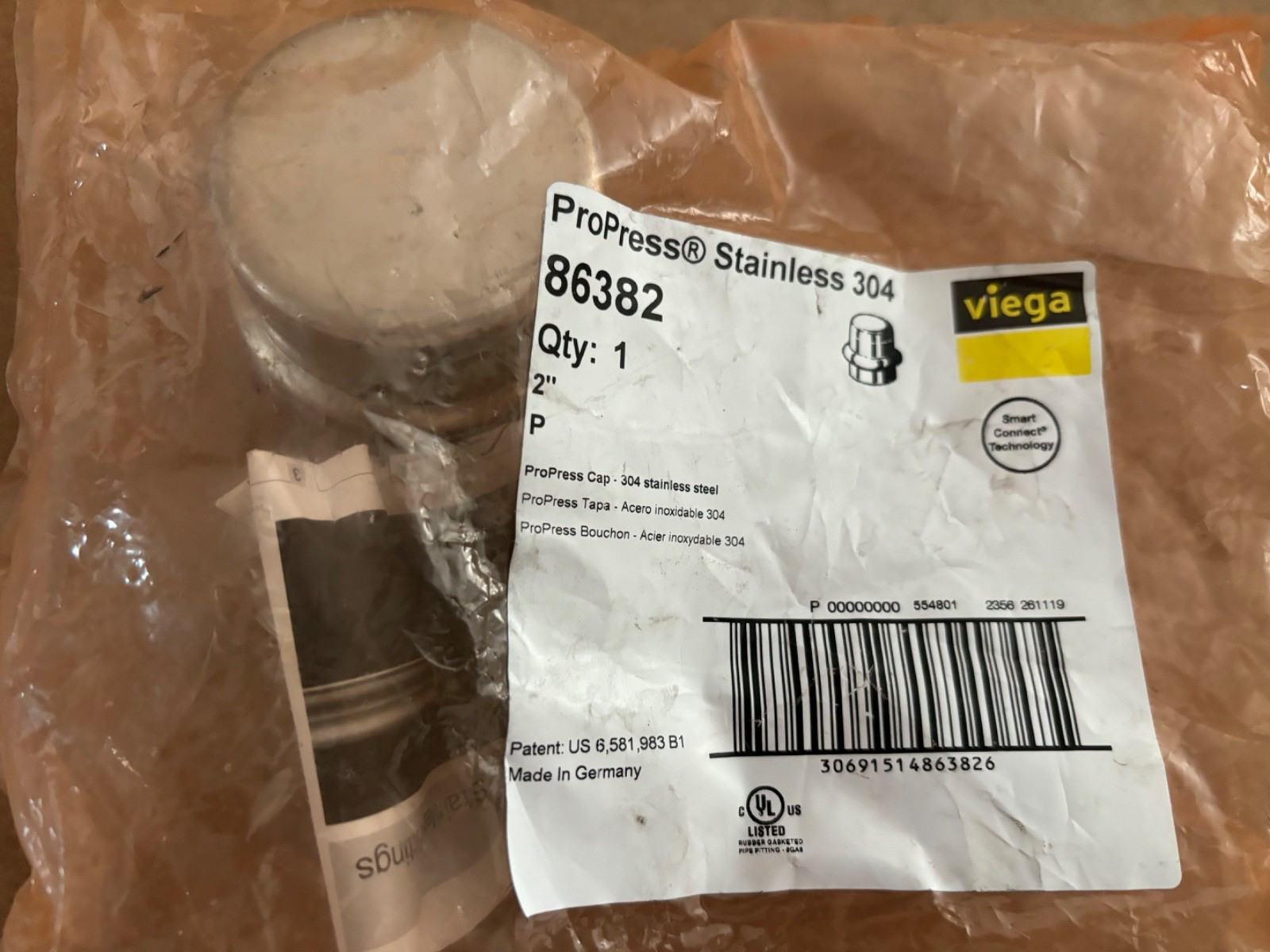VIEGA 304SS PROPRESS 2″ CAP 86382 STAINLESS STEEL T 304 NEW IN BAG FAST SHIP