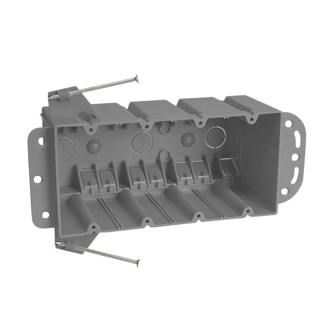 4-Gang PVC Electrical Box, 87 Cu In, ETL Listed, Nail-On w/ Bracket, Gray