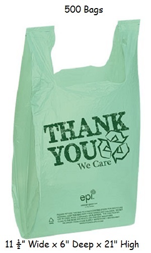 Plastic T-Shirt Bags 500 Shopping Retail 11½” x 6″ x 21 Recycled Thank You Green