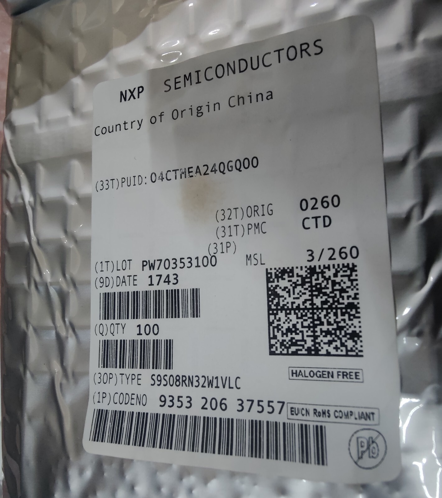 NXP S9S08RN32W1VLC Microcontroller IC 8-Bit 20MHz 32KB FLASH 32-LQFP (100 Pcs)
