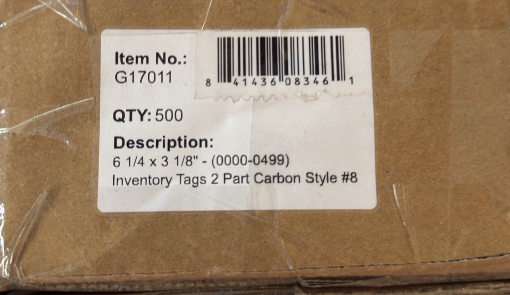 Inventory Tags 2 Part Carbon Style #8 500 2-part tag 6 1/4″ x 3 1/8″